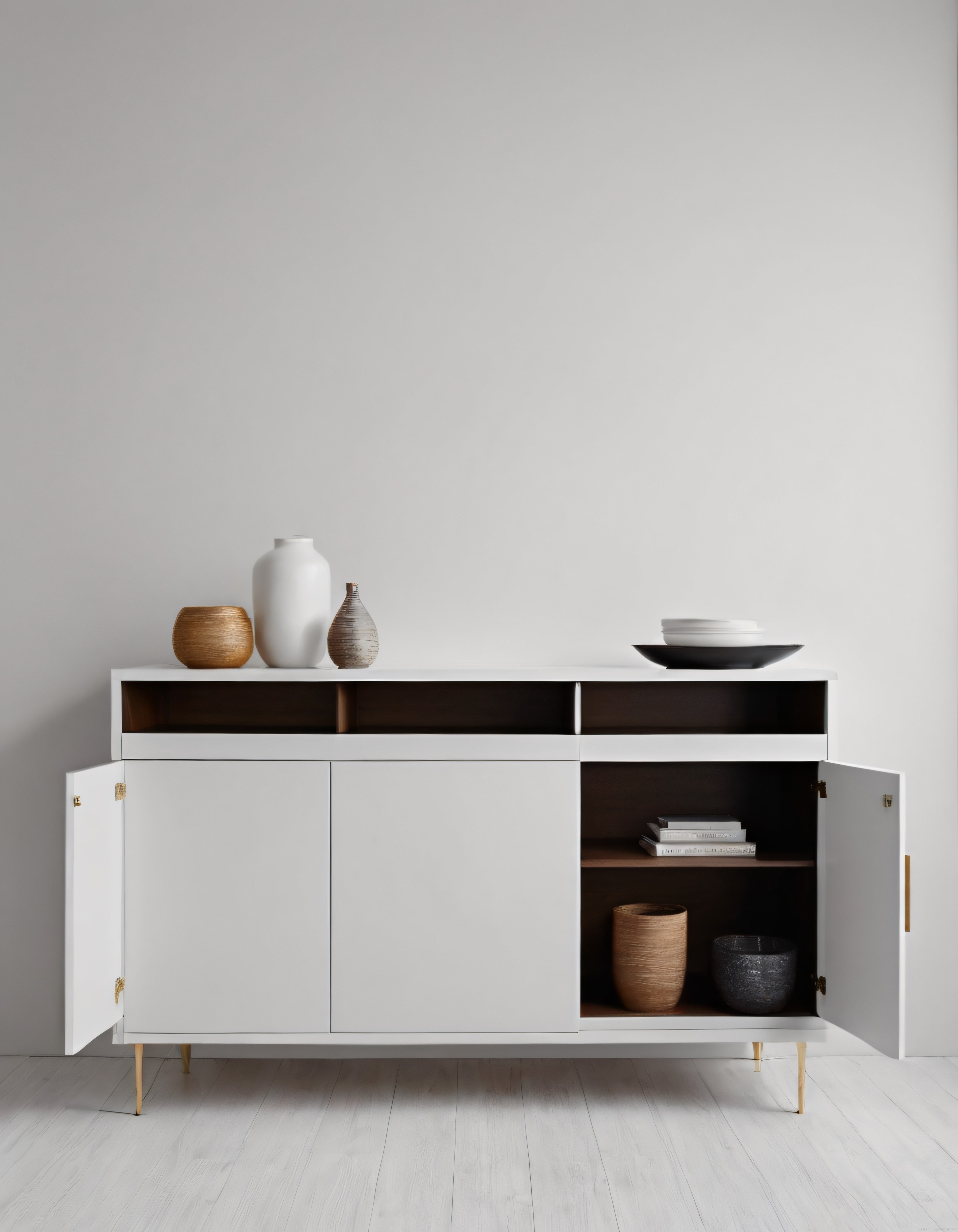 Modern Beyaz Konsol Dolabı ve Dekoratif Aksesuarlarla Minimalist İç Mekan
