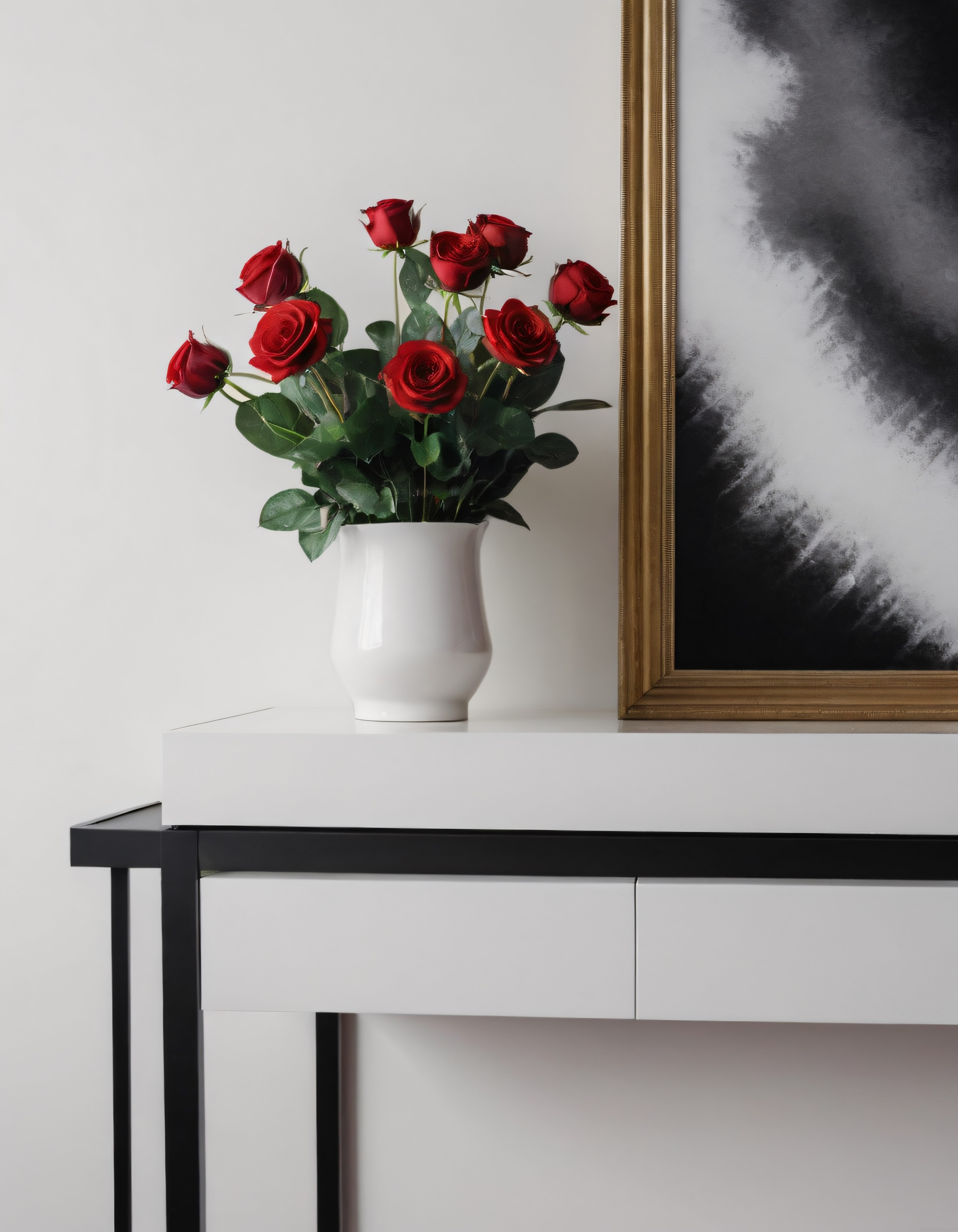 Modern Beyaz Konsol Üzerinde Kırmızı Güller ve Minimalist Dekorasyon