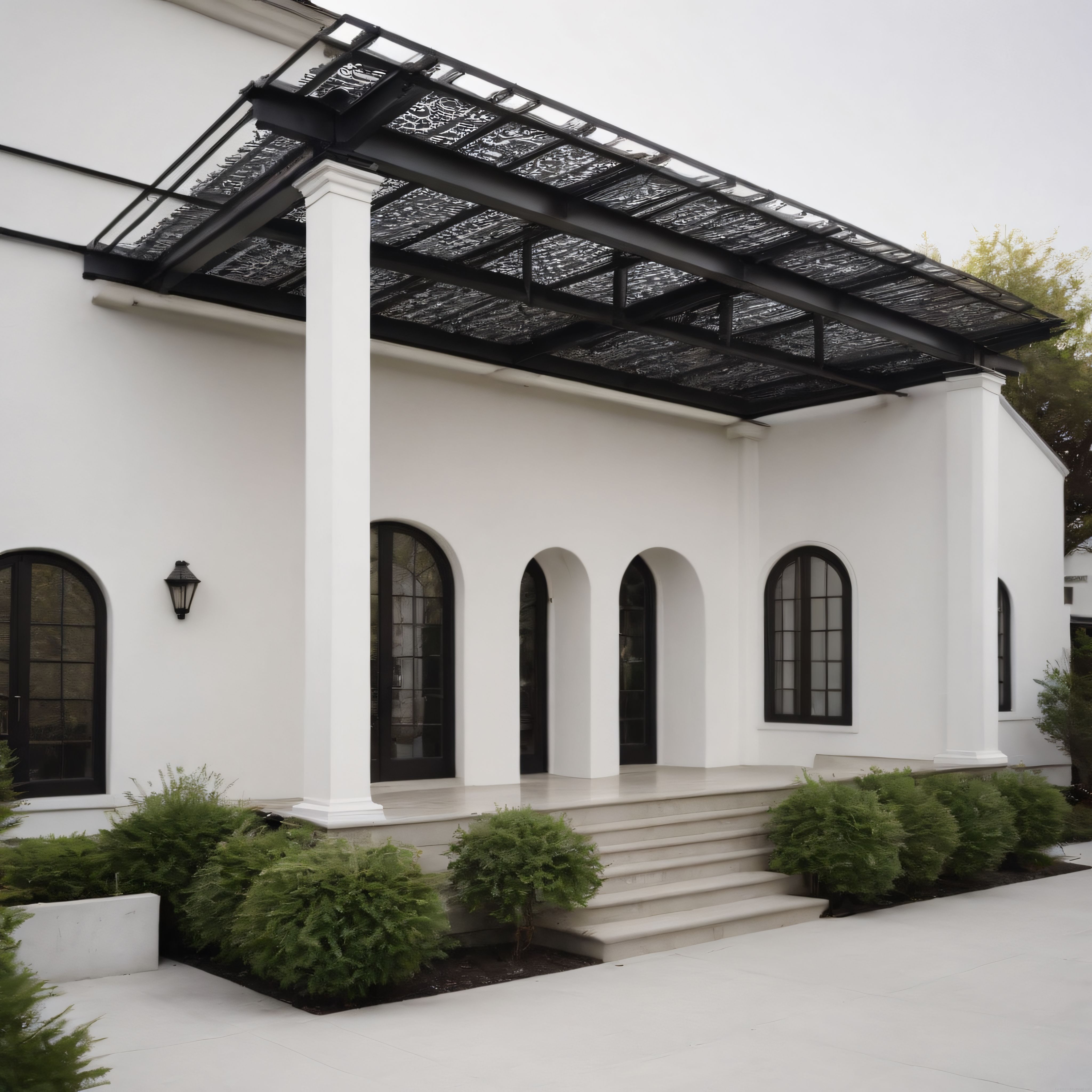 Modern Beyaz Konut Cephesinde Siyah Metal Veranda ve Kemerli Pencere Tasarımı