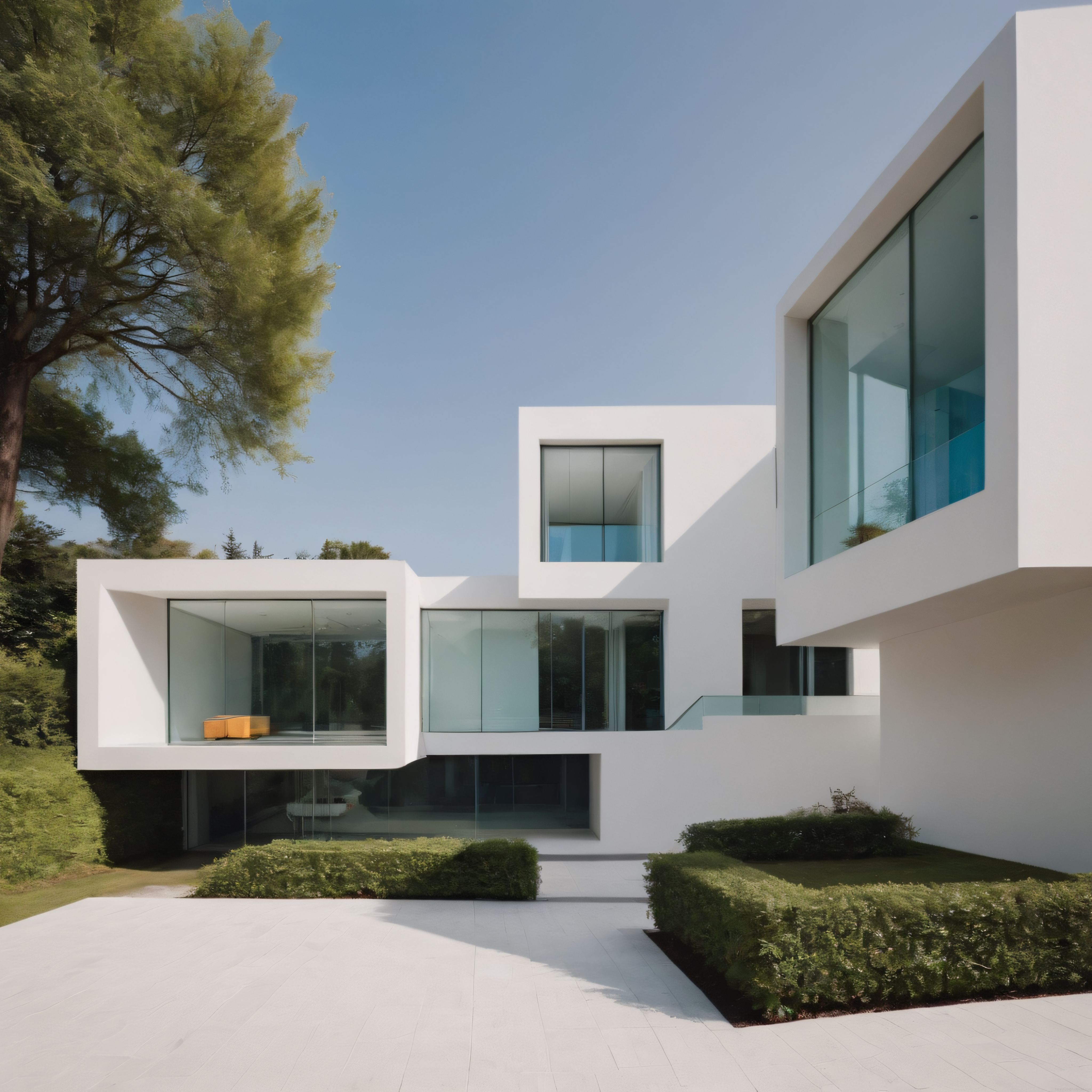 Modern beyaz konut mimarisi, cam cephe ve minimalist geometrik villa tasarımı