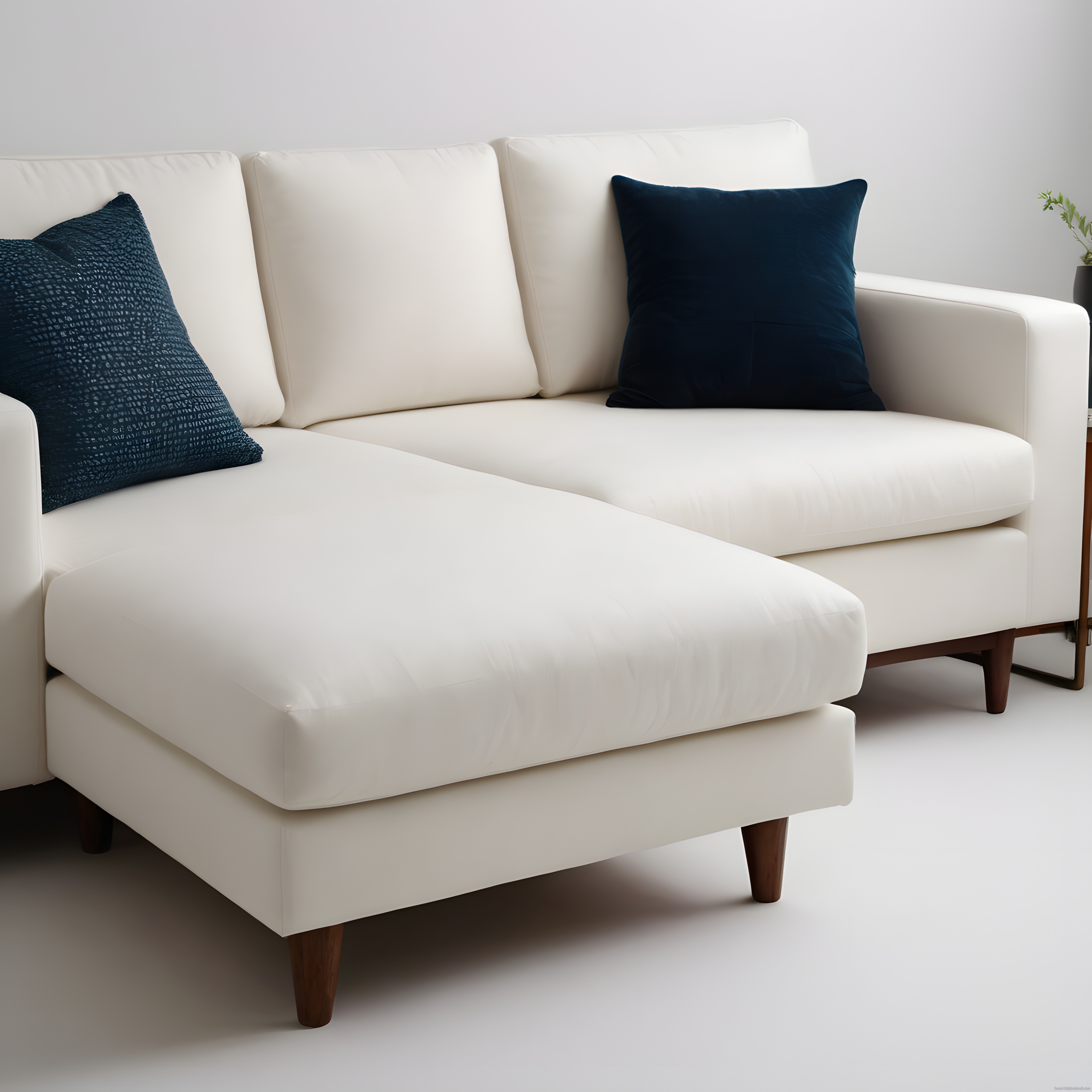 Modern Beyaz Köşe Koltuk ve Lacivert Yastıklarla Minimalist Salon Dekorasyonu
