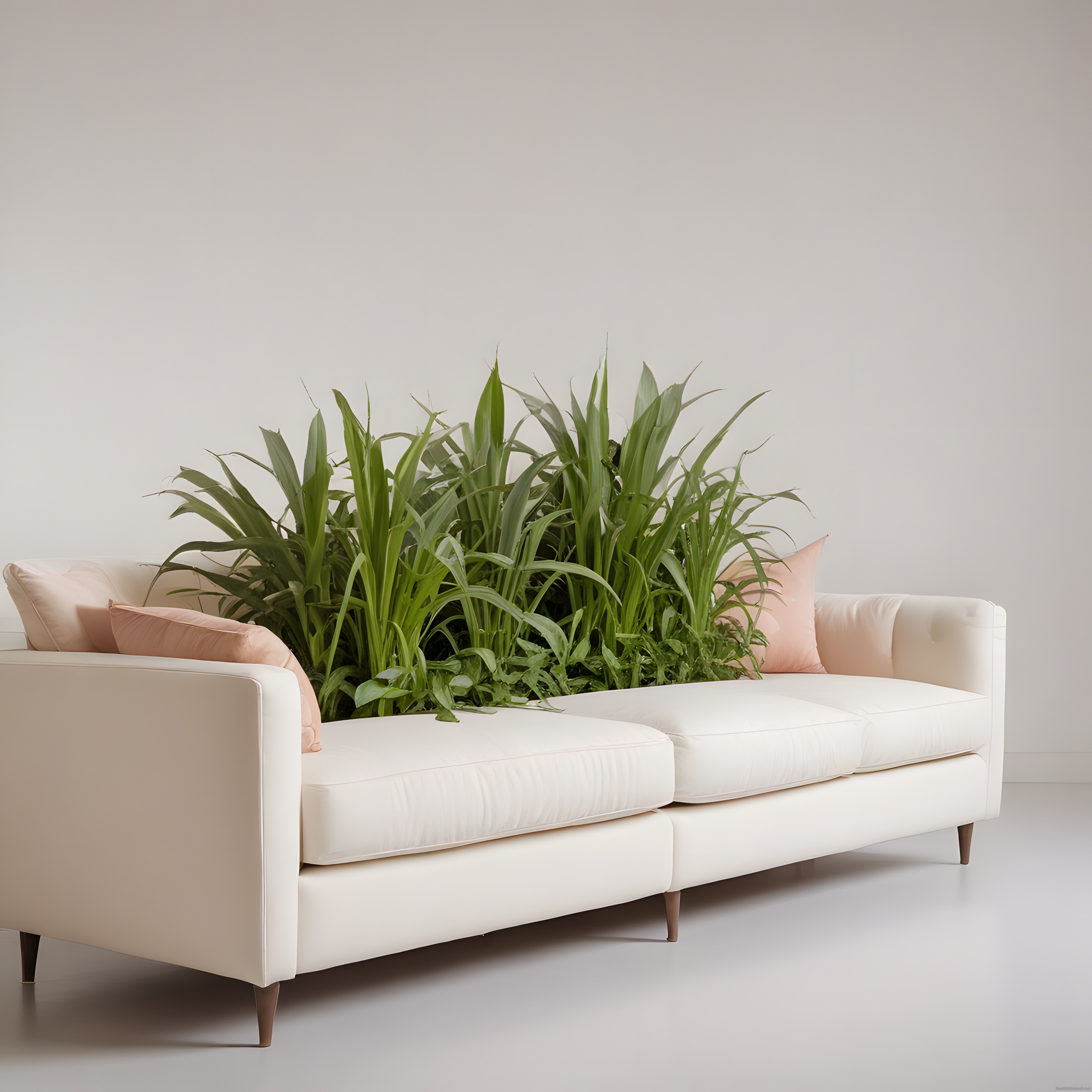 Modern Beyaz Köşe Koltuk ve Yeşil Bitkilerle Minimalist Salon Dekorasyonu