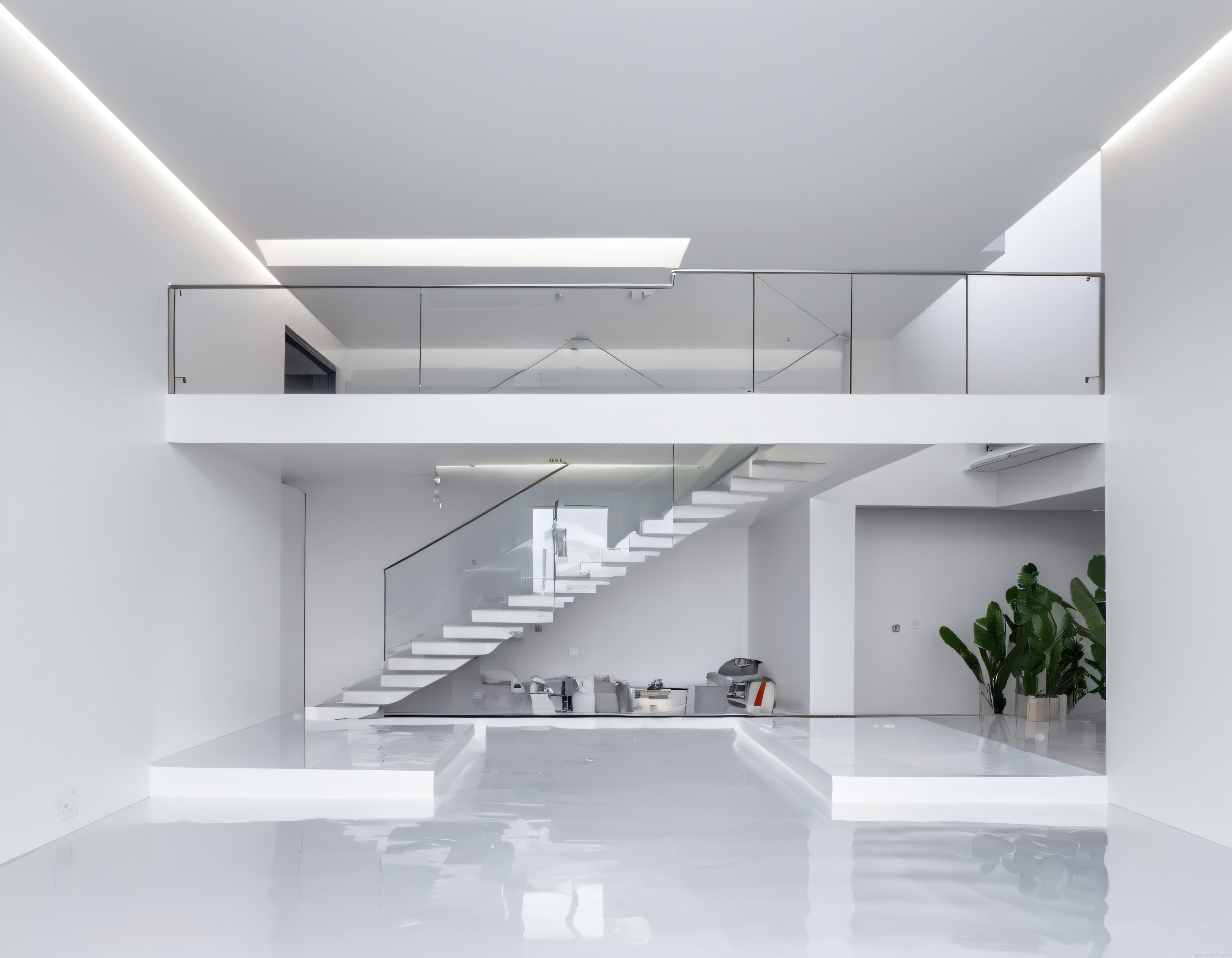 Modern Beyaz Loft İç Mekan: Minimalist Merdiven ve Cam Korkuluk Detayı
