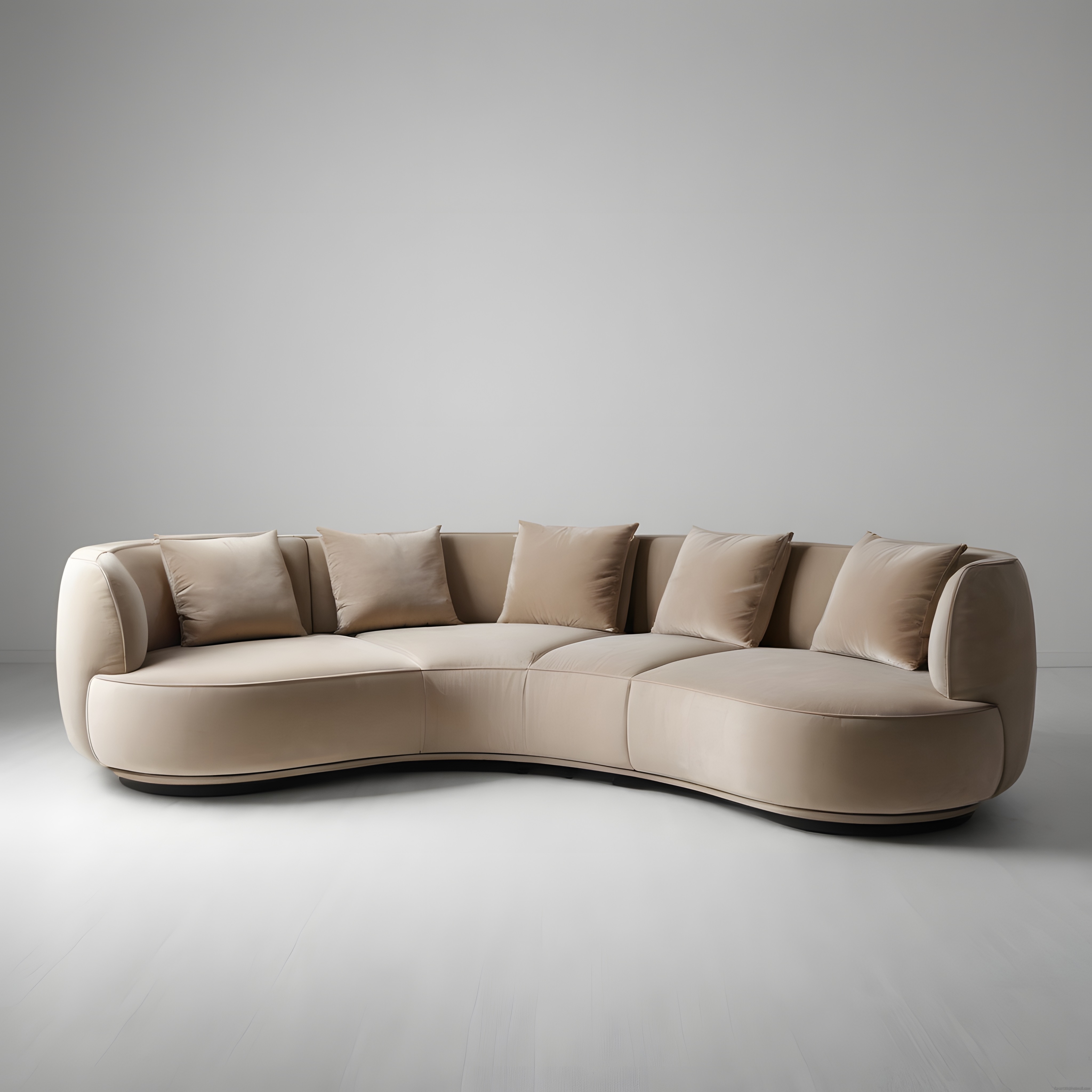 modern beyaz mekanda krem rengi kavisli köşe kanepe ve minimalist dekorasyon