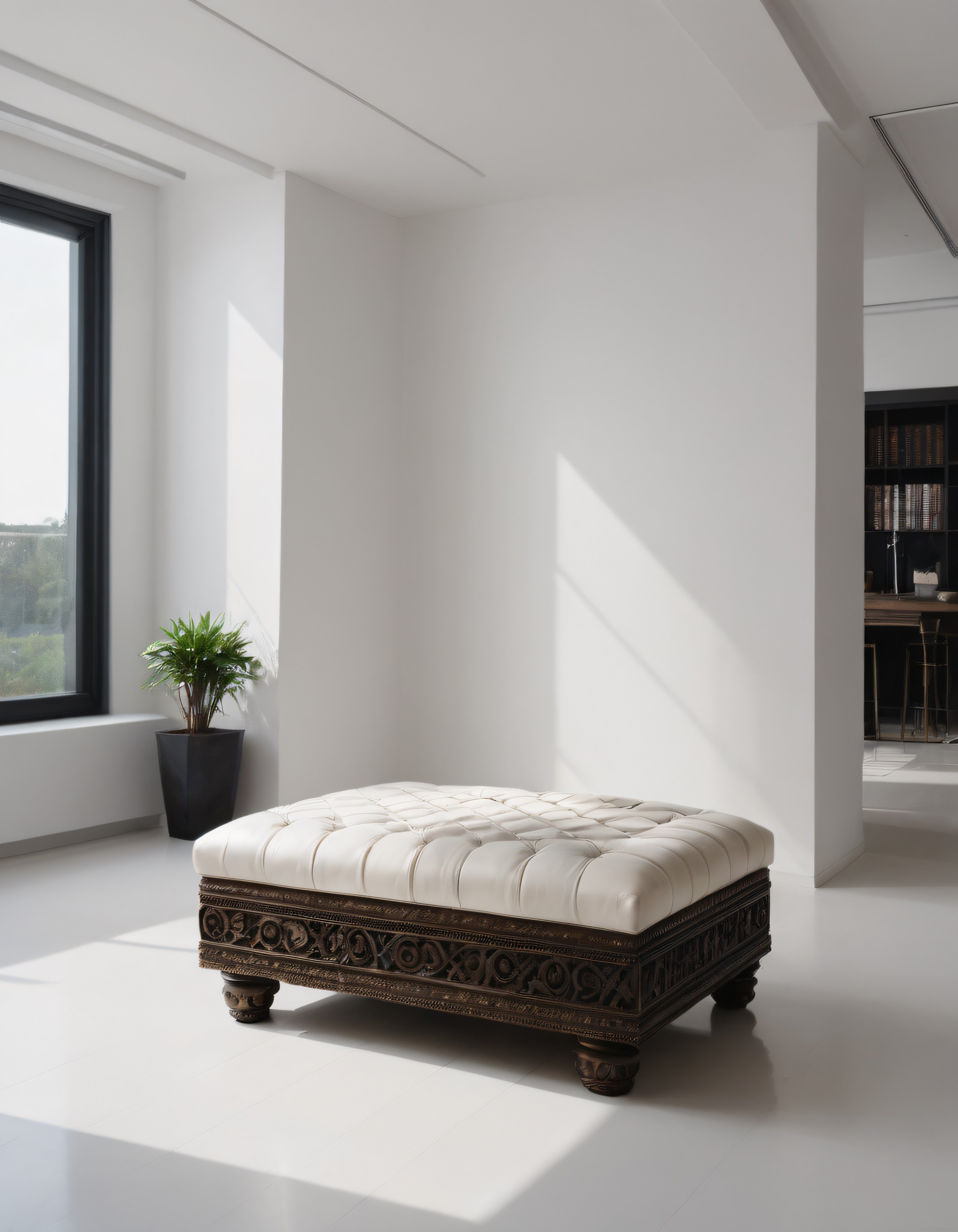 Modern Beyaz Mekanda Oymalı Ahşap Detaylı Klasik Puf ve Minimal Dekor
