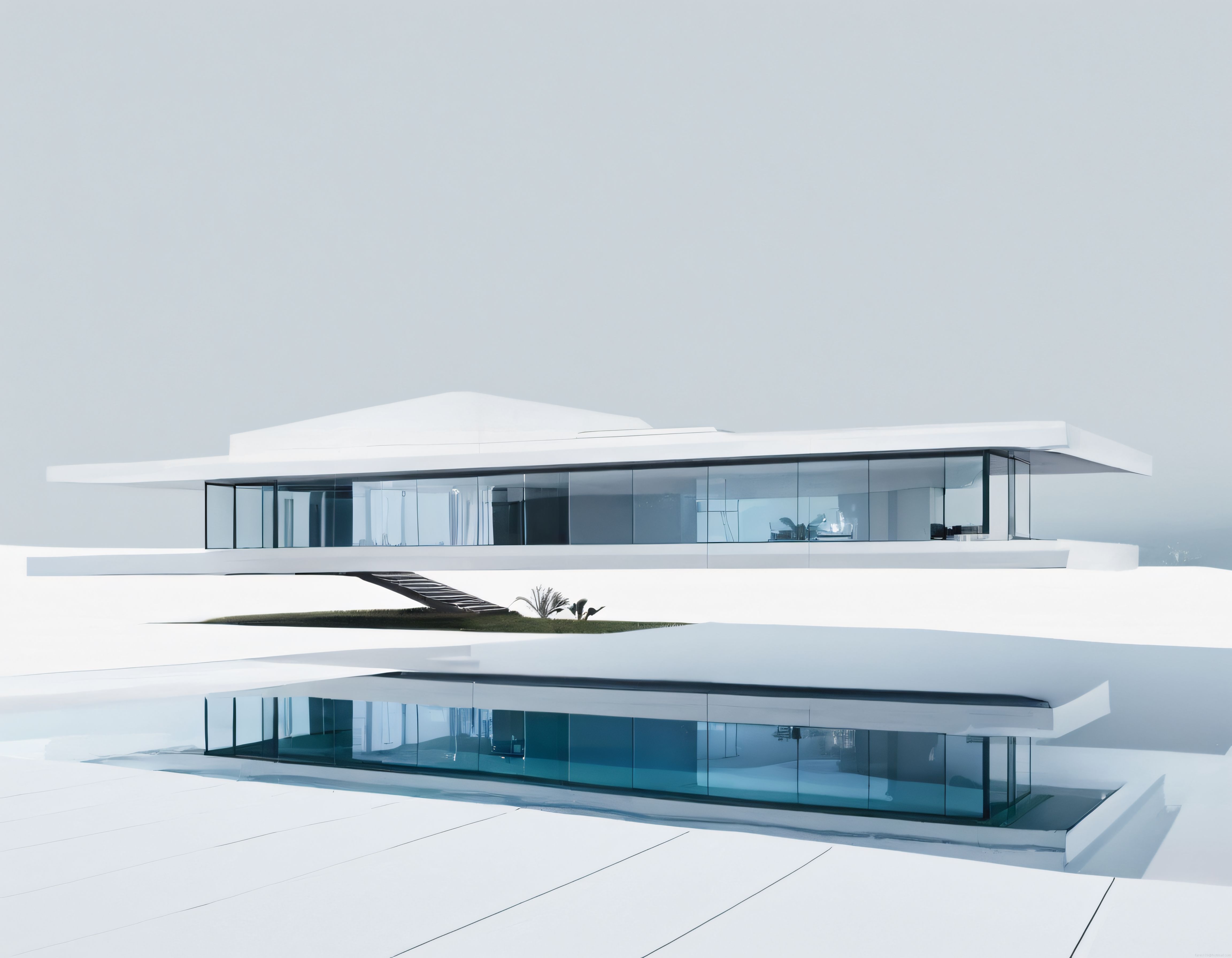 Modern Beyaz Minimalist Geniş Cam Cepheli Lüks Villa Mimari Projesi