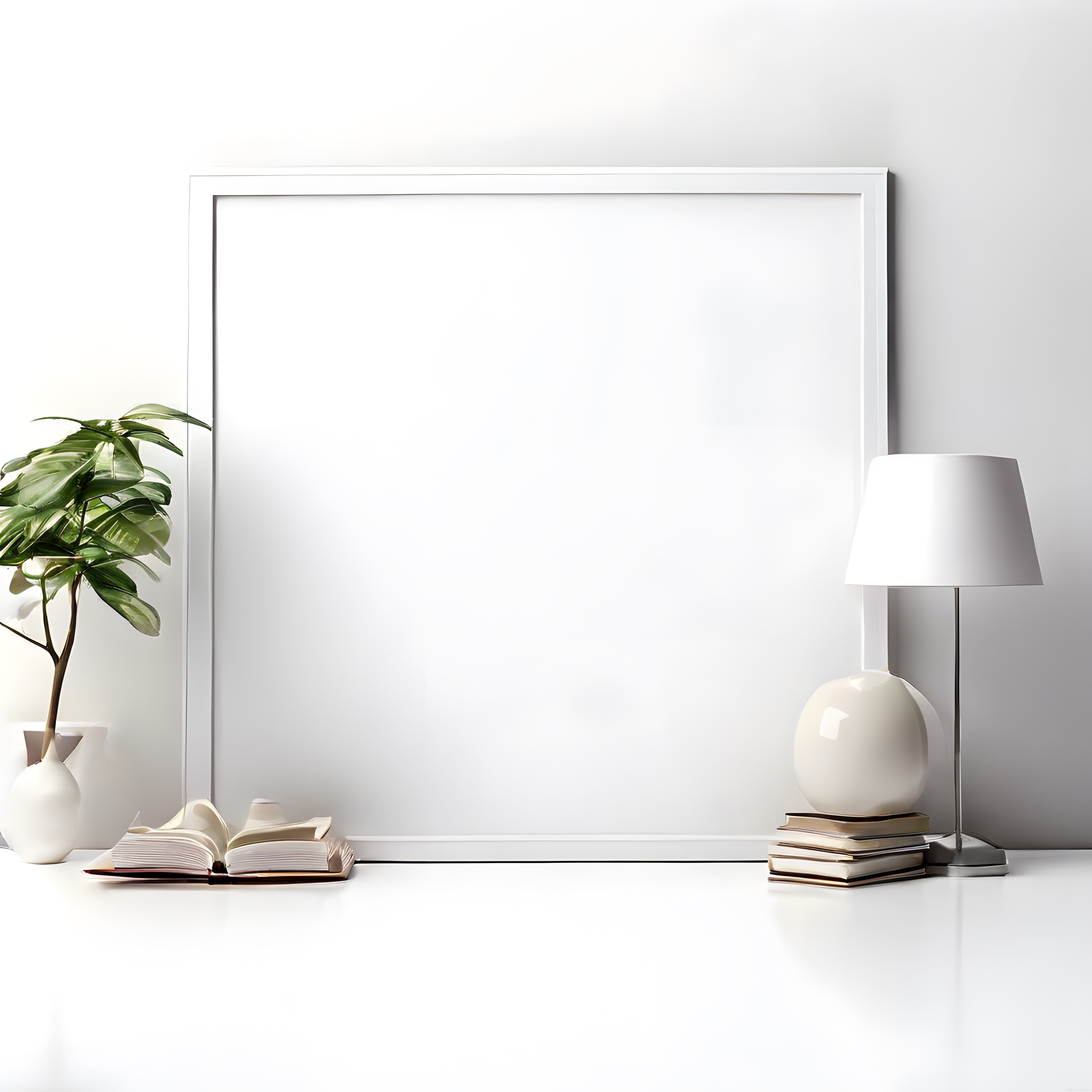 Modern Beyaz Oda Dekorasyonunda Minimalist Boş Çerçeve ve Dekoratif Aksesuarlar