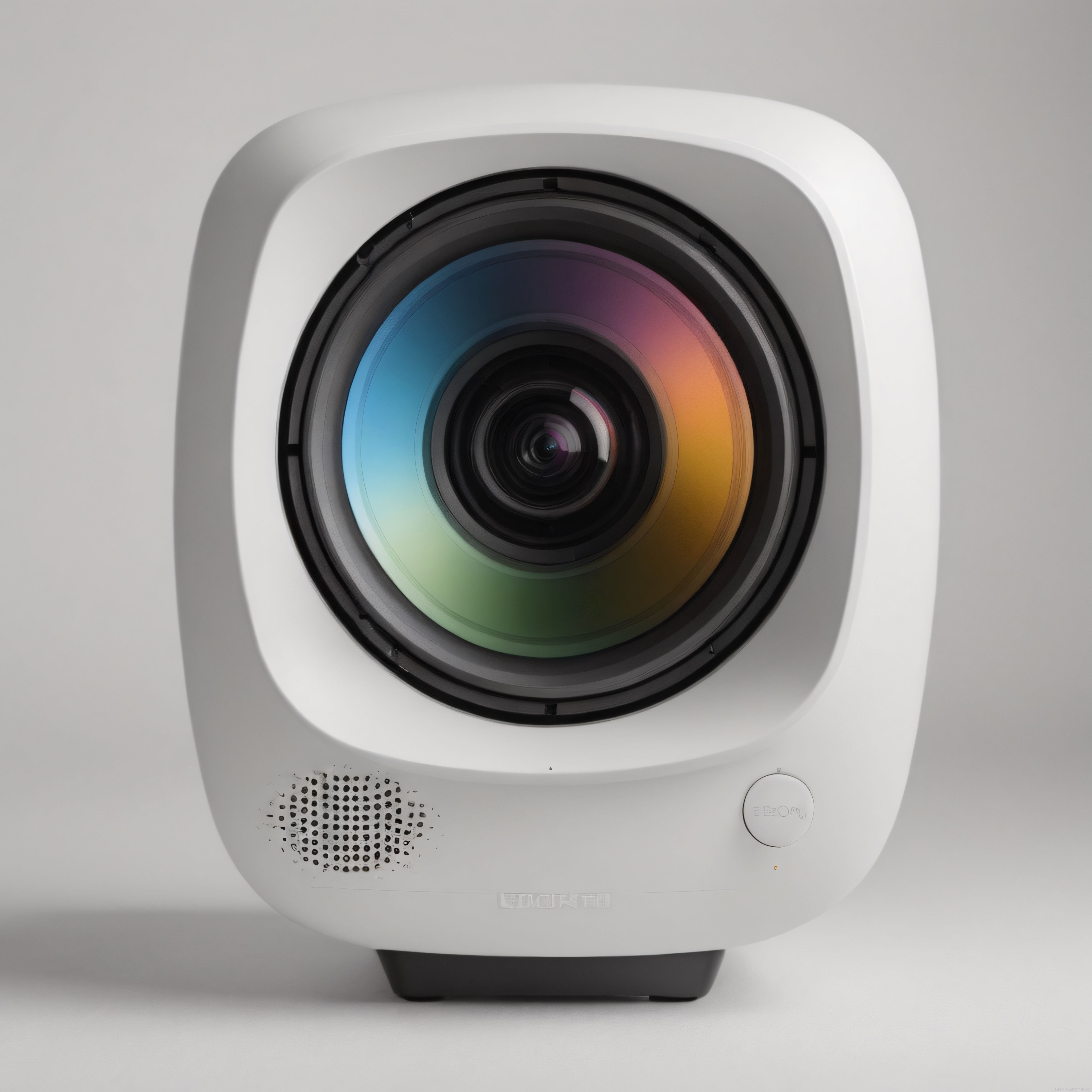 Modern Beyaz Projektörün Büyük Renkli Lens ile Çarpıcı ve Minimalist Görünümü