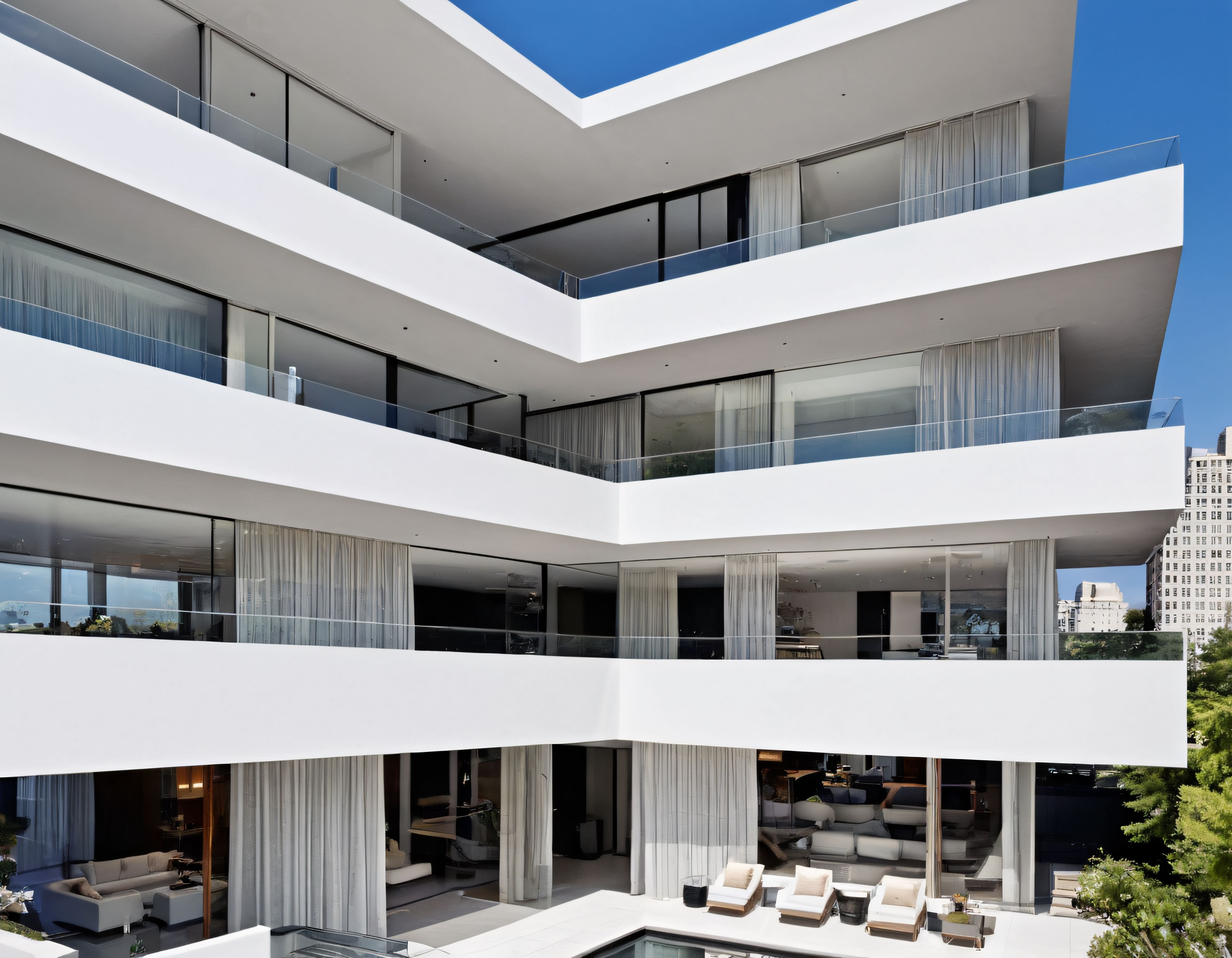 Modern Beyaz Rezidans: Geometrik Katlar ve Cam Balkonlarla Şehir Mimari