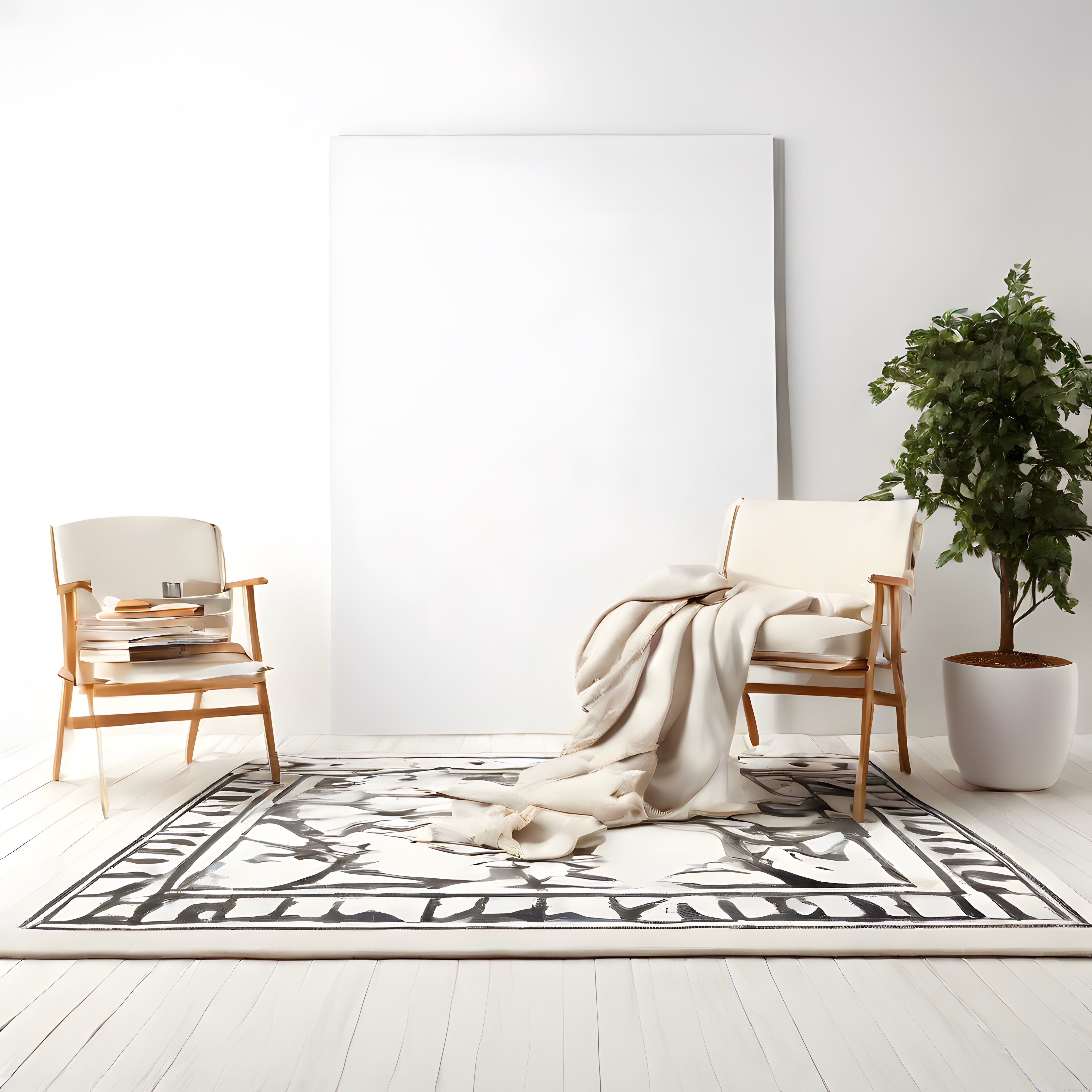 Modern Beyaz Salon Dekorasyonu ve Boş Duvar Tuvali ile Minimalist İç Mekan
