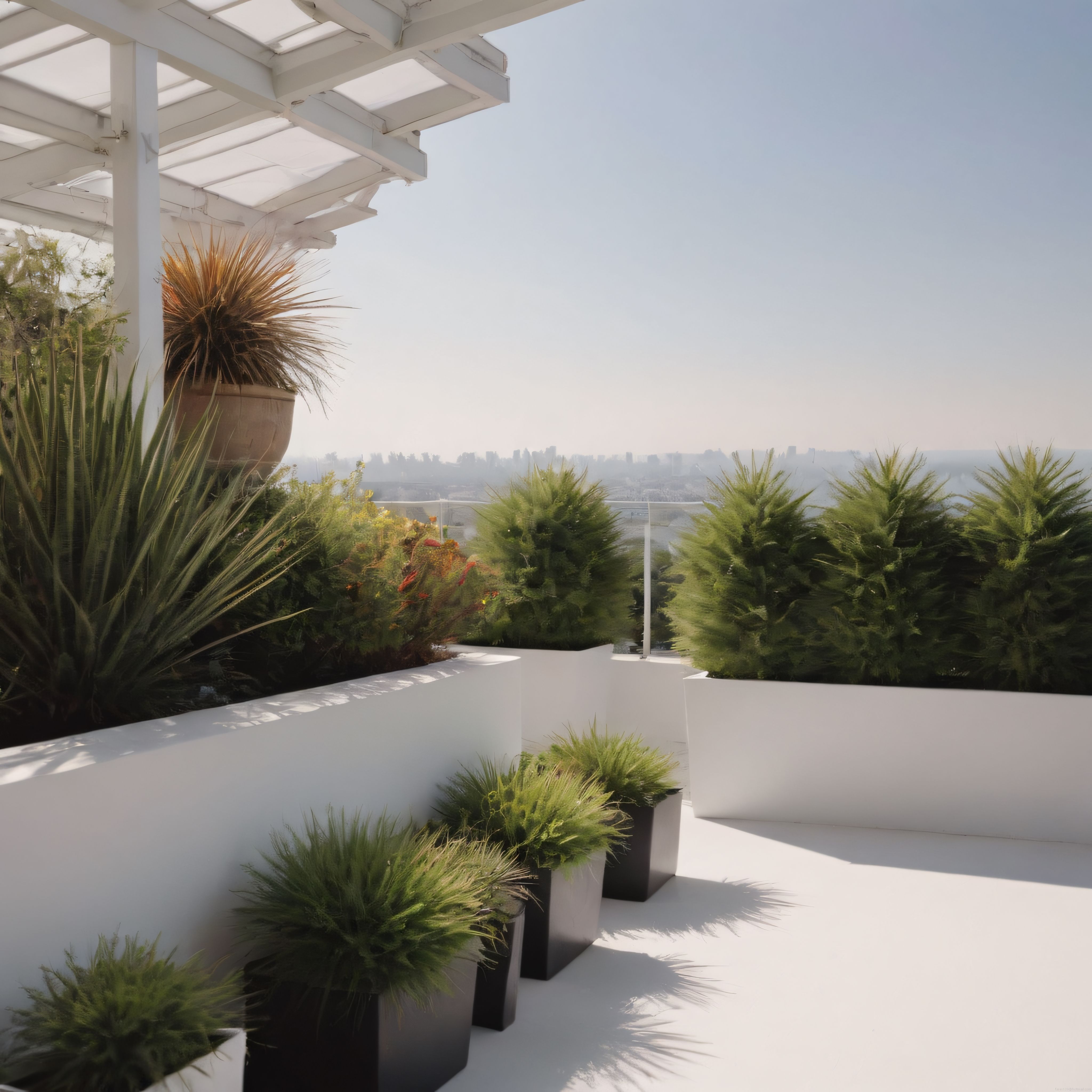 Modern Beyaz Teras Bahçesi ve Şehir Manzaralı Minimalist Dekorasyon