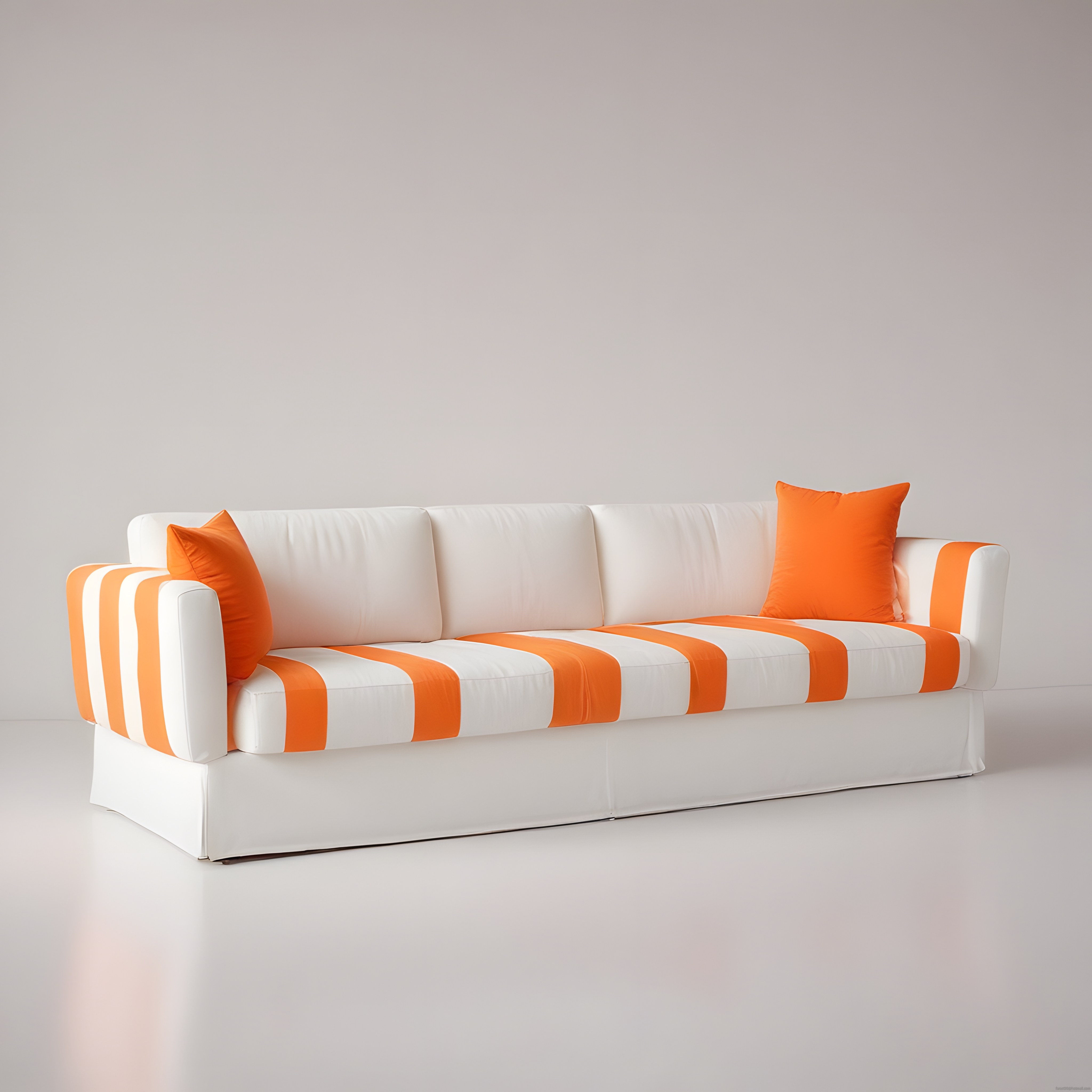Modern Beyaz ve Turuncu Çizgili Kanepe ile Minimalist Salon Dekorasyonu