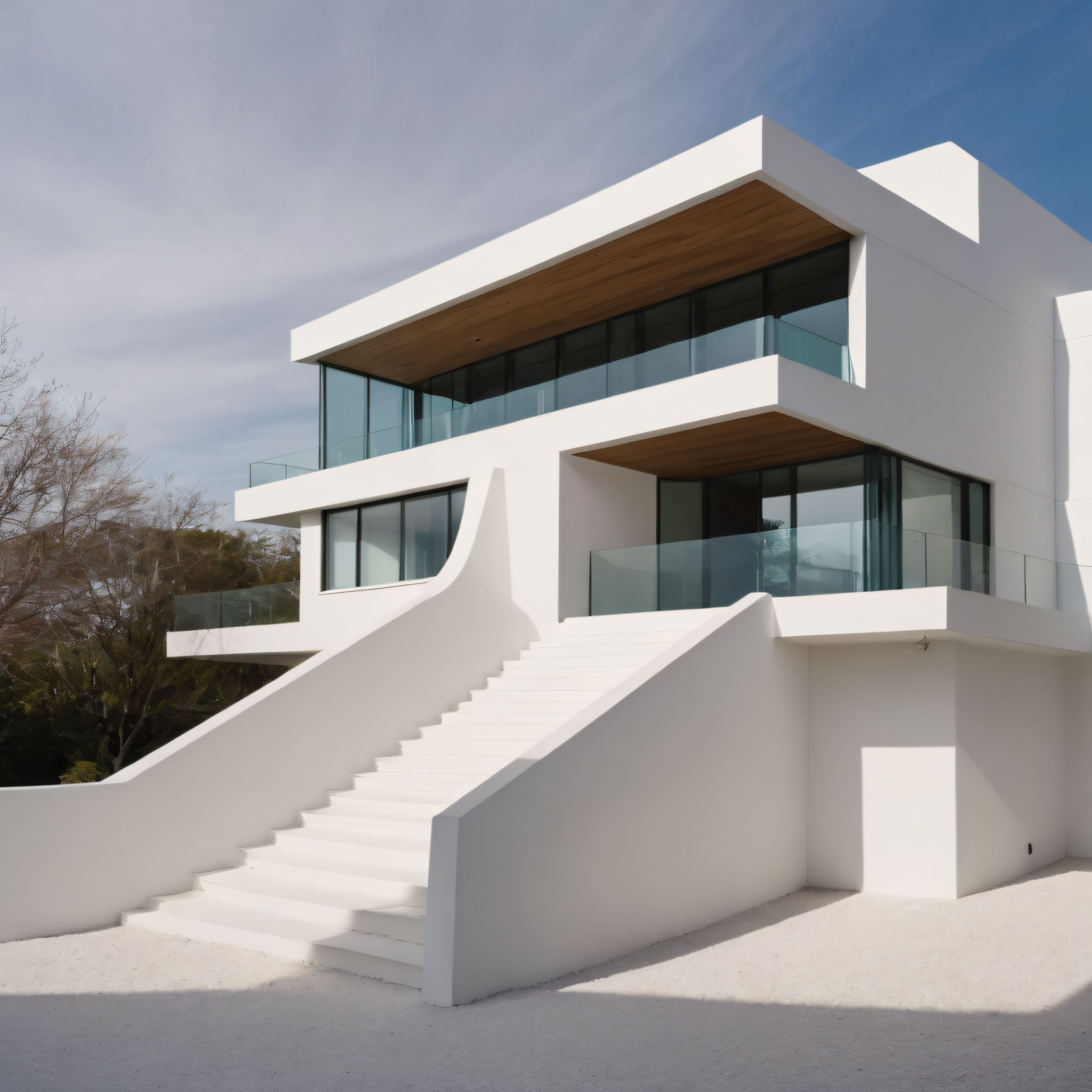 Modern Beyaz Villa Cam Merdivenli Giriş ve Ahşap Tavan Detayları