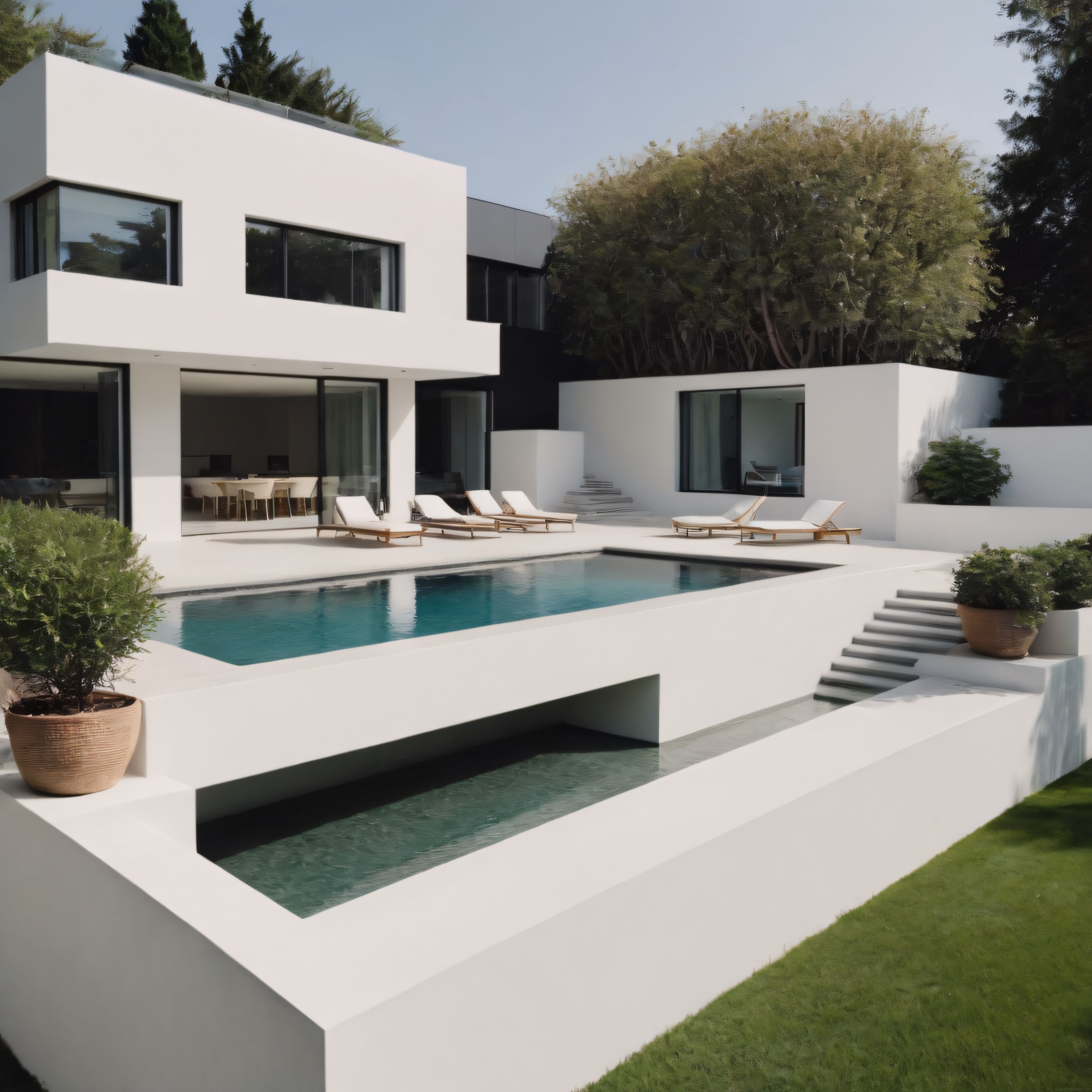 Modern Beyaz Villa, Geometrik Yüzme Havuzu ve Lüks Açık Hava Yaşam Alanı