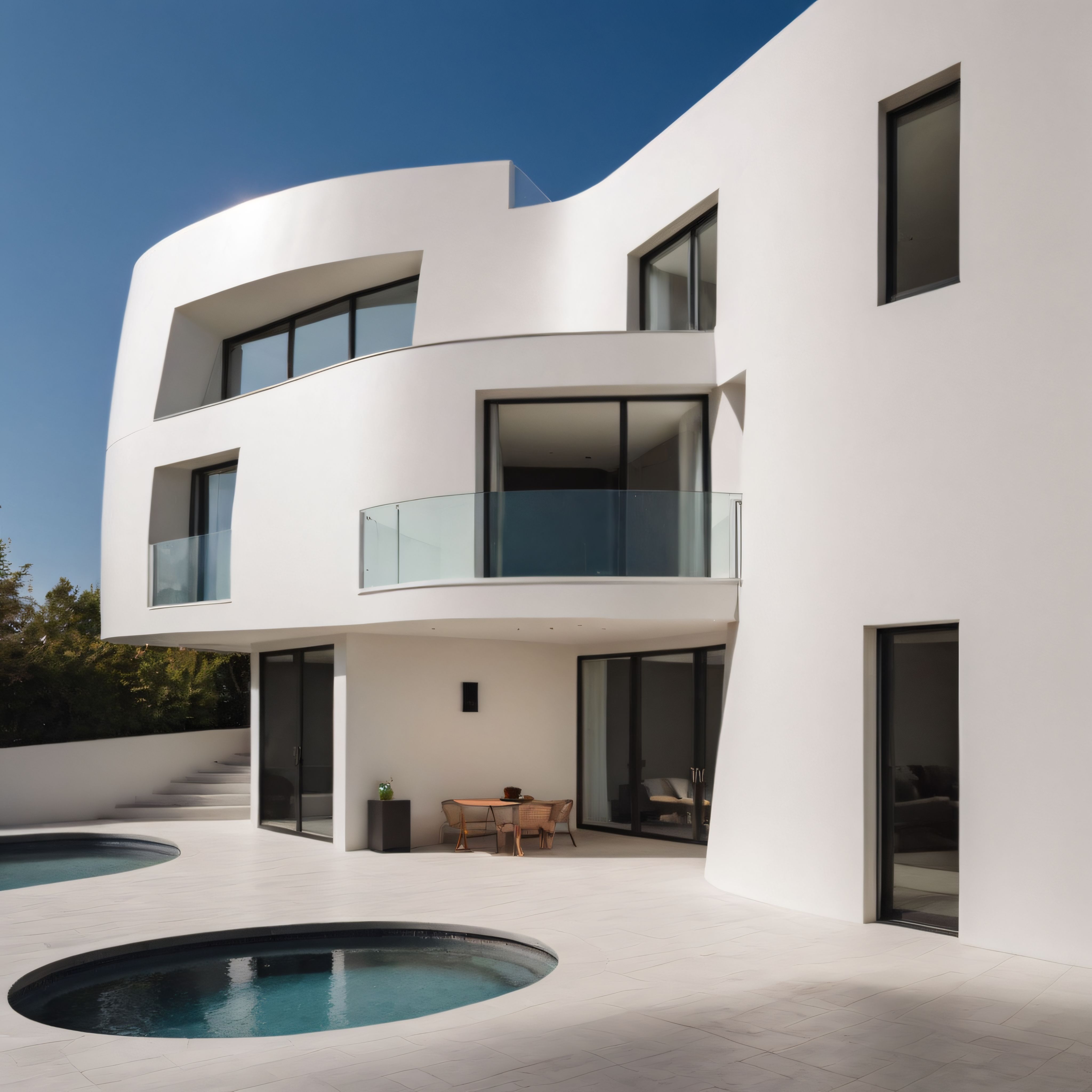 Modern beyaz villa, kavisli hatları ve havuzlu terasıyla çarpıcı mimari
