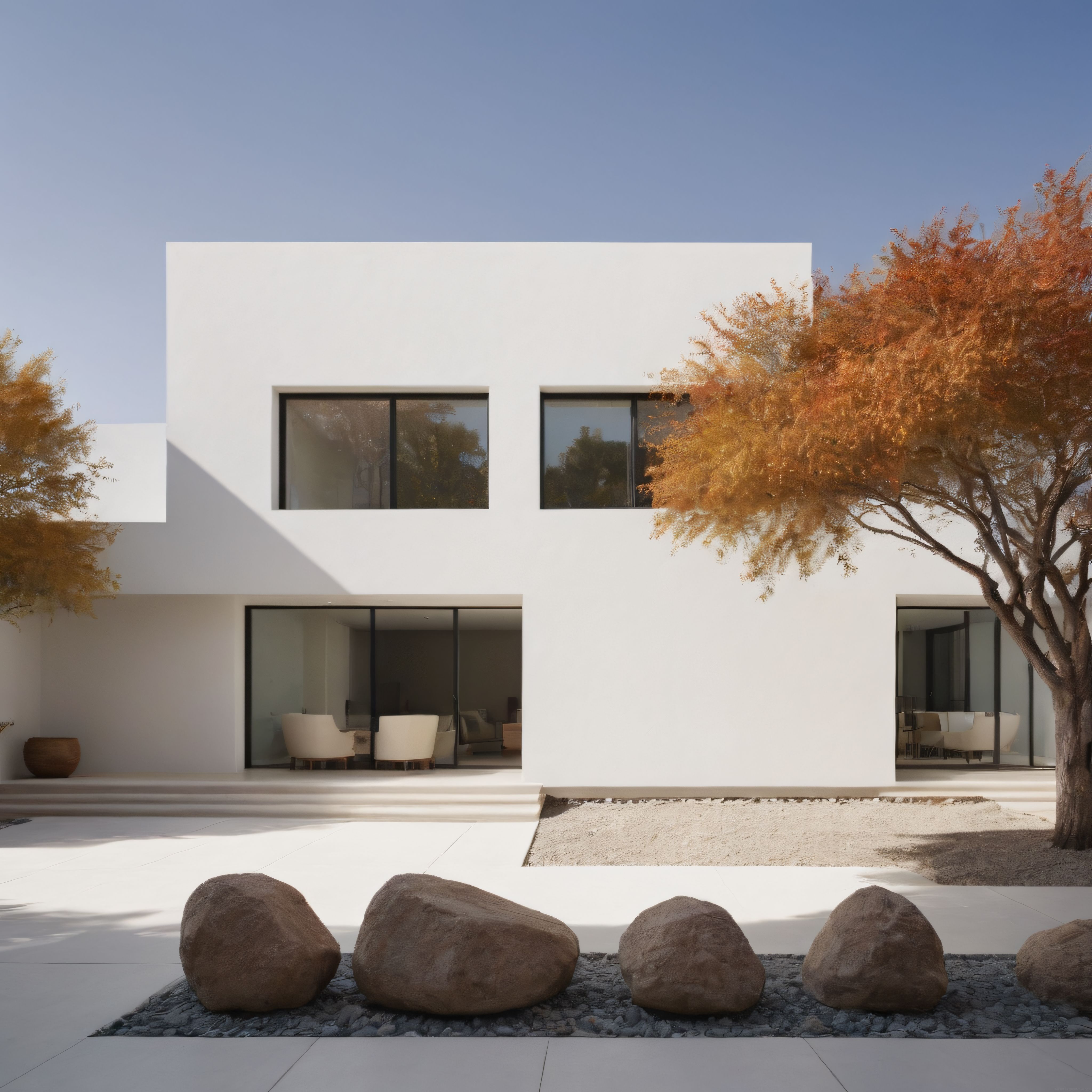 Modern beyaz villa, sonbahar ağaçları ve kayalarla minimalist peyzaj düzenlemesi