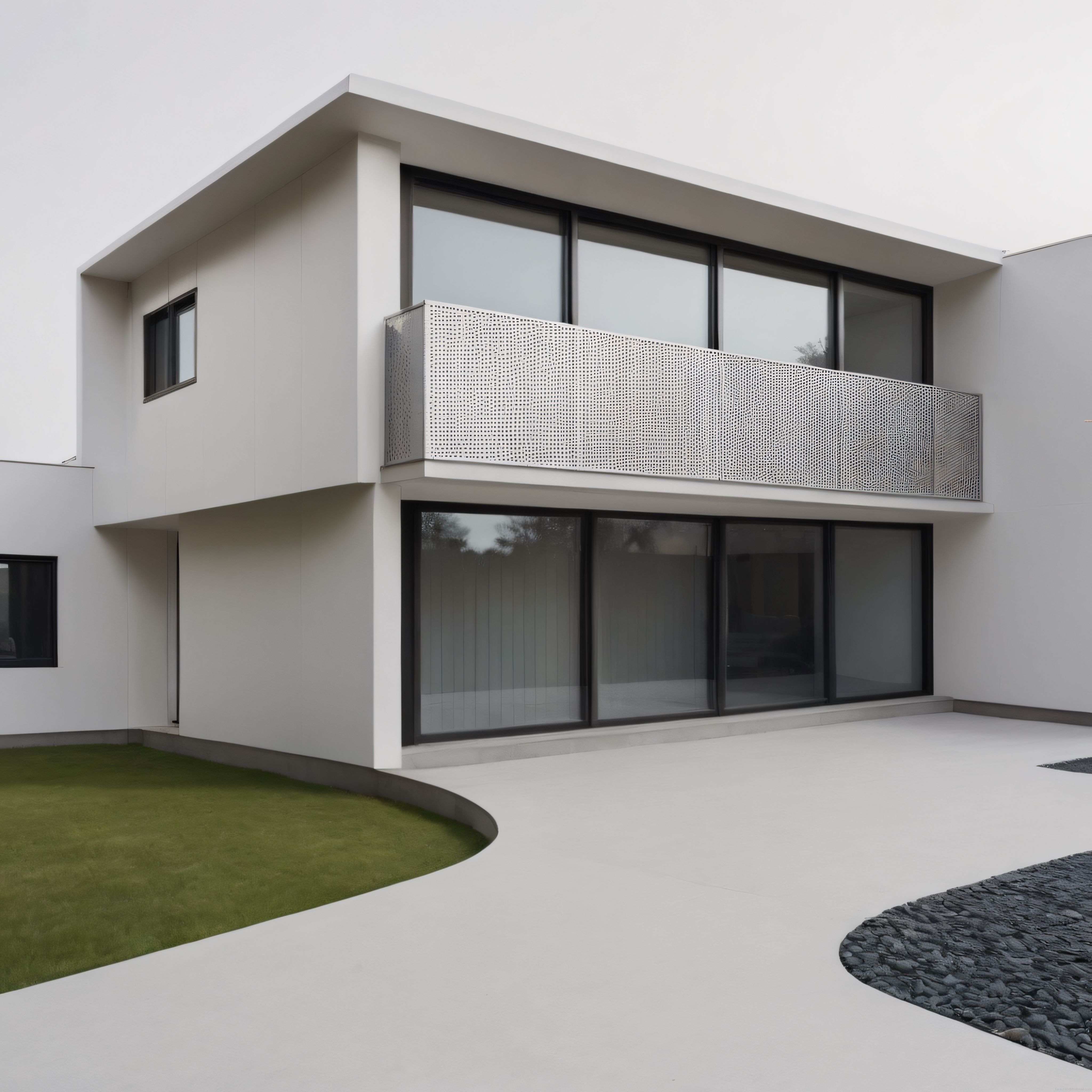 Modern Beyaz Villa Tasarımı, Geniş Cam Cephe ve Perfore Balkon Detayları