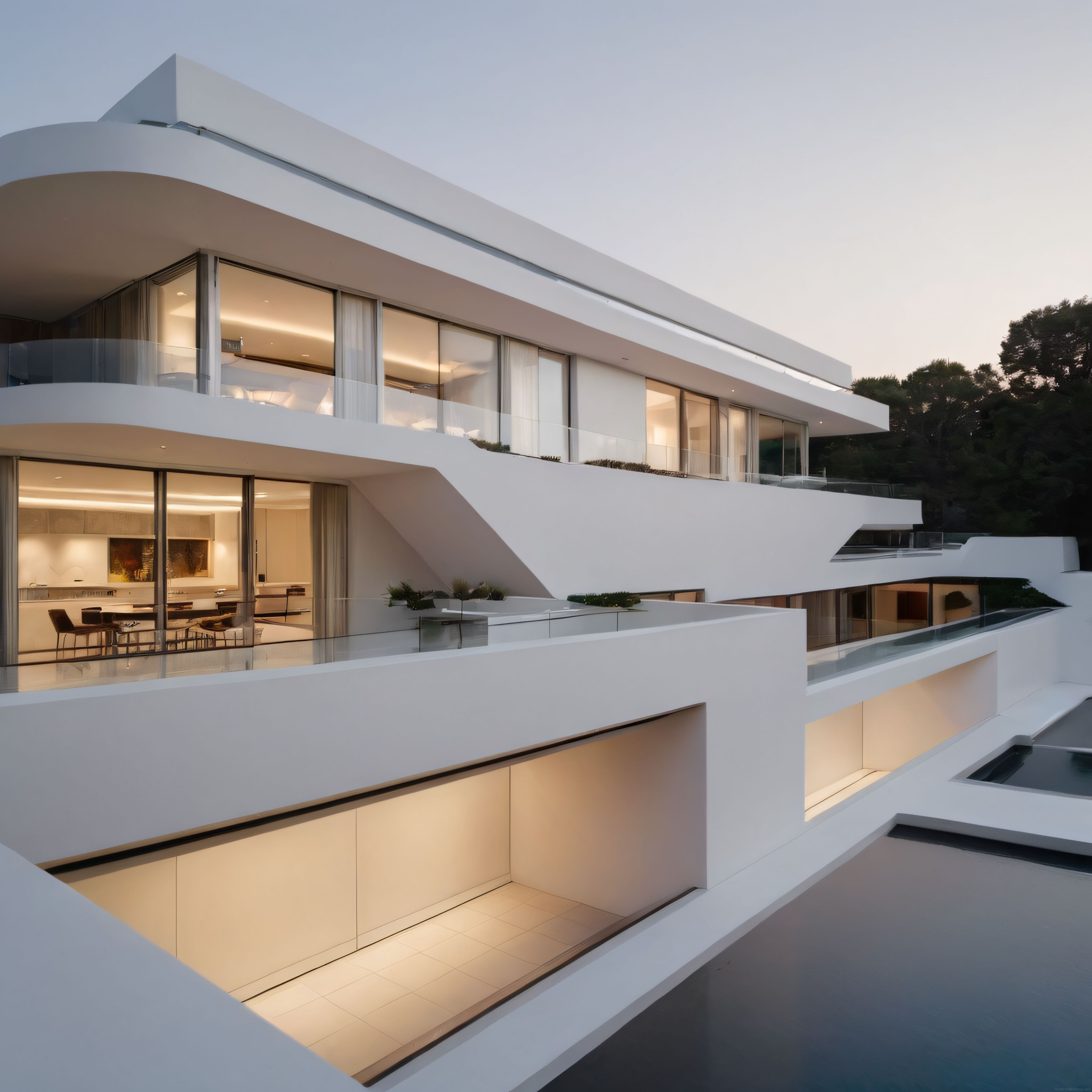 Modern beyaz villa tasarımında geometrik hatlar ve gün batımı detayları