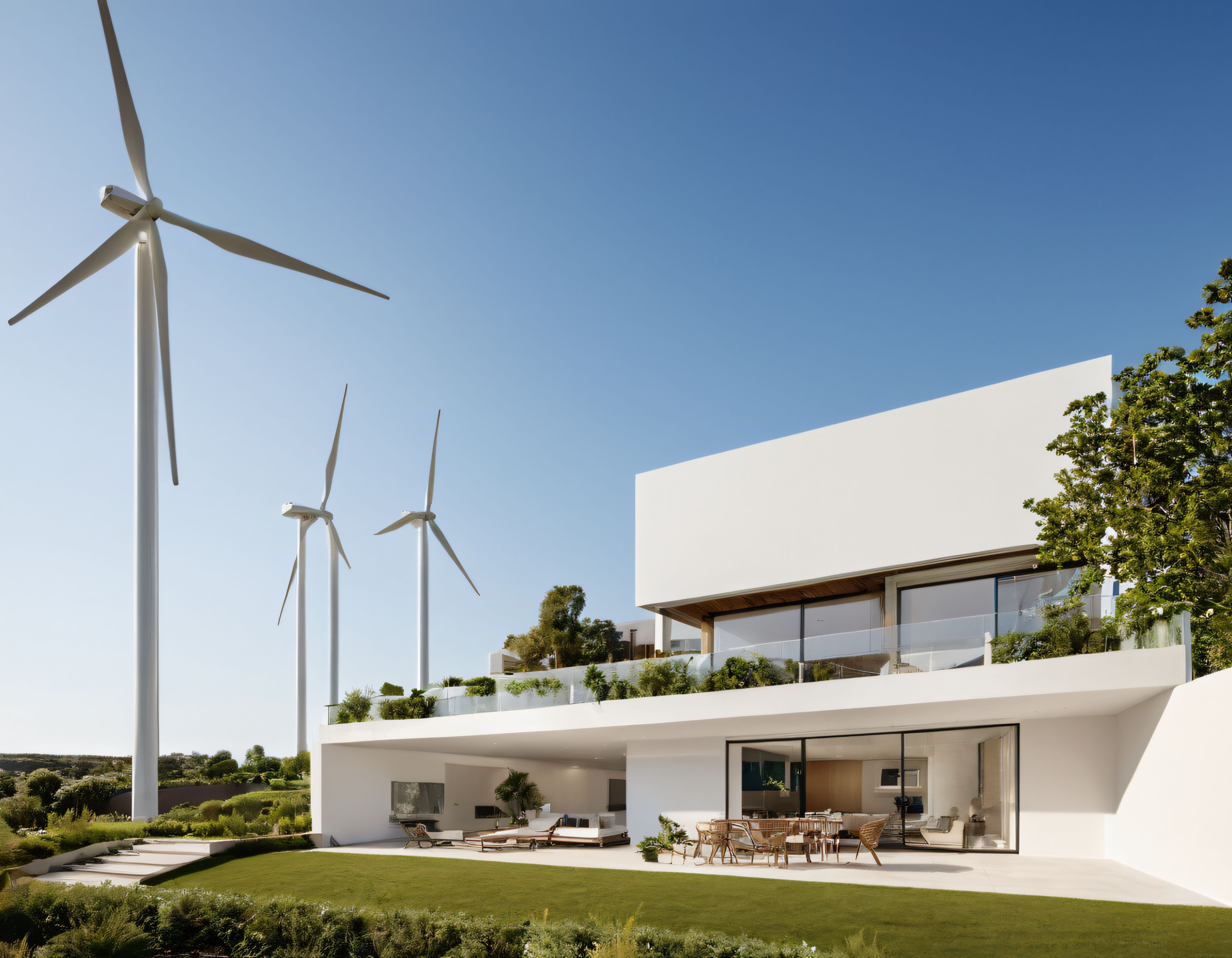 Modern Beyaz Villa ve Rüzgar Türbinleriyle Sürdürülebilir Yaşam Alanı