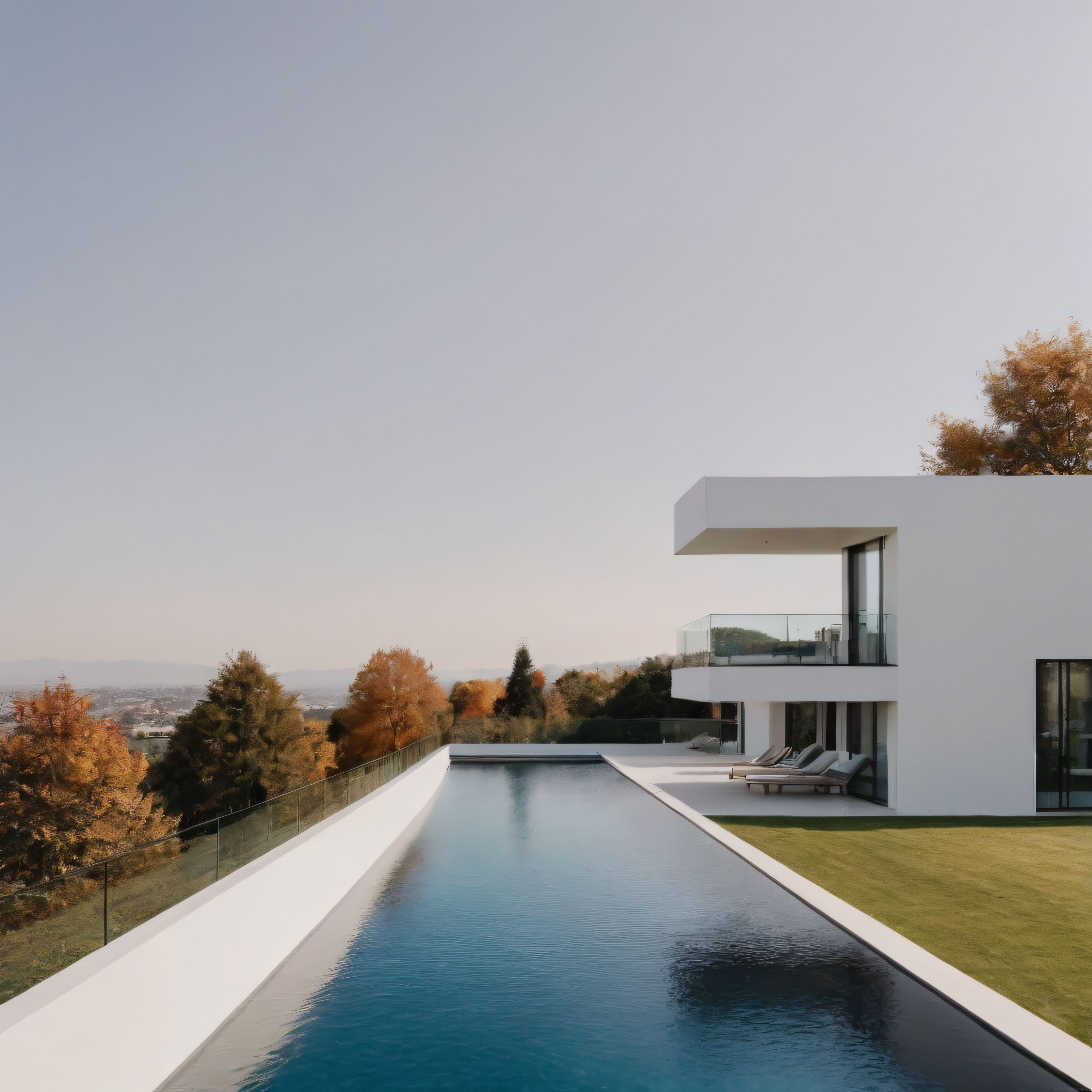 Modern Beyaz Villa ve Sonsuzluk Havuzuyla Eşsiz Sonbahar Manzarası