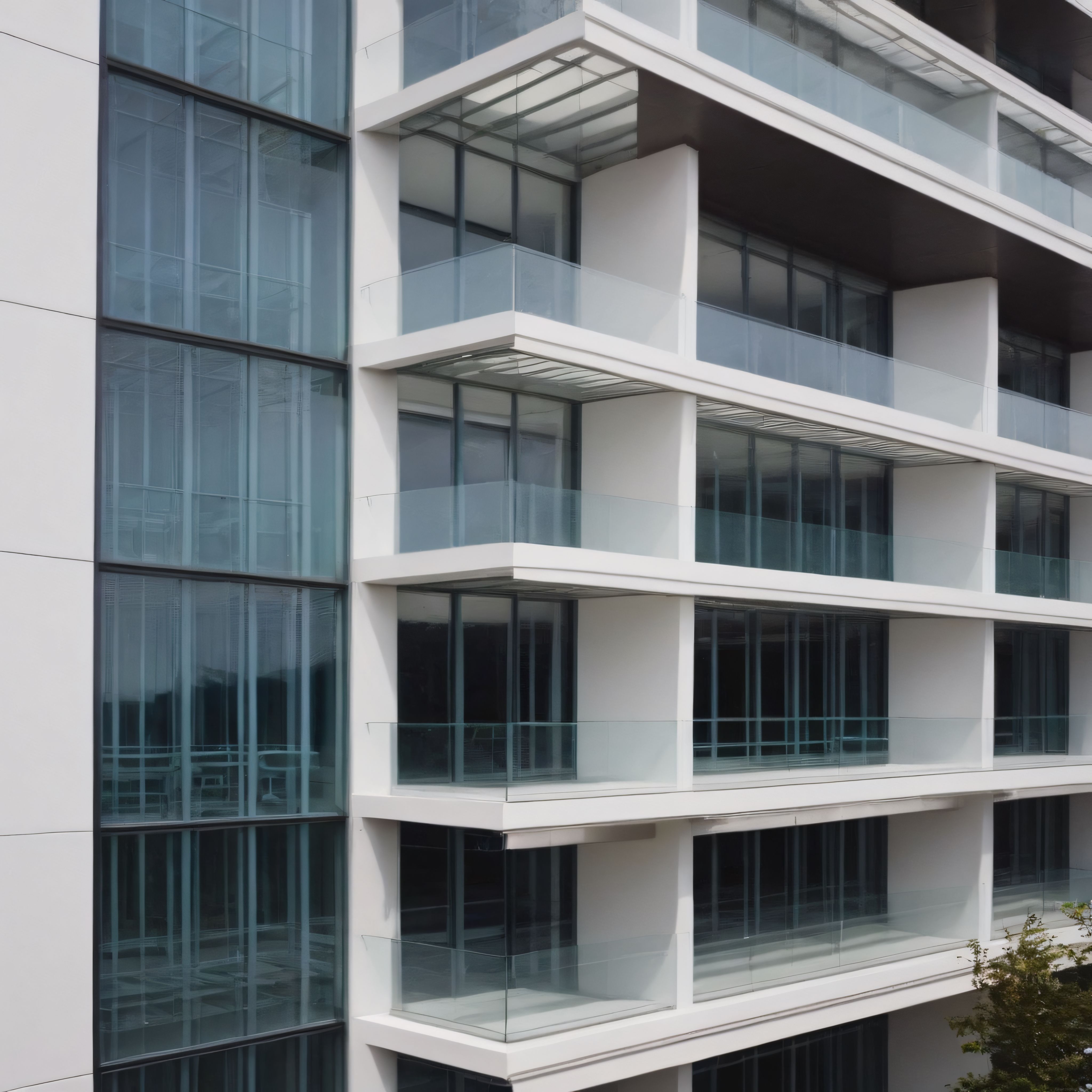 Modern Bir Apartmanın Cam Balkonları ve Minimalist Beyaz Cephe Tasarımı