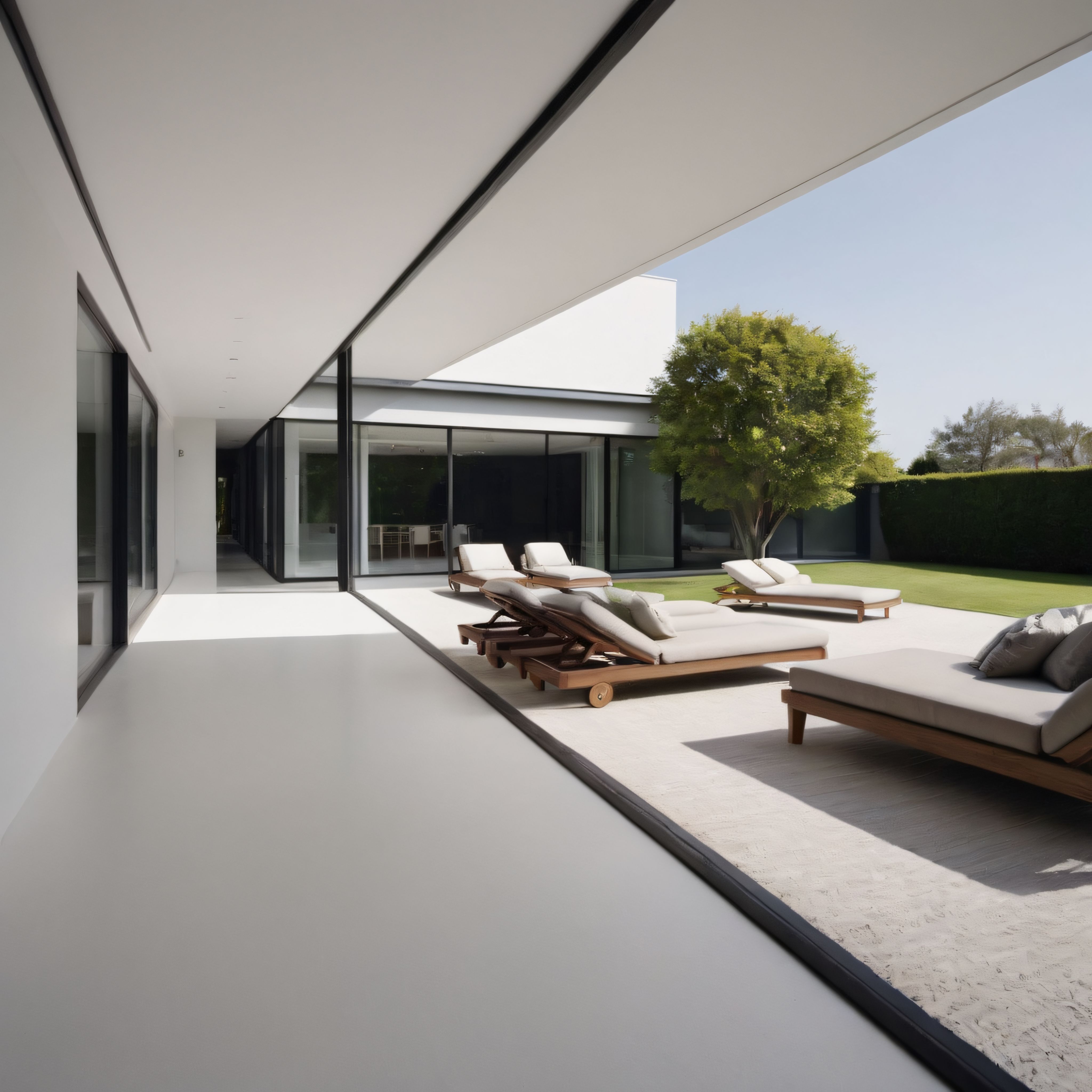 Modern bir villanın geniş terasında minimalist tasarım ve doğal peyzajın uyumu