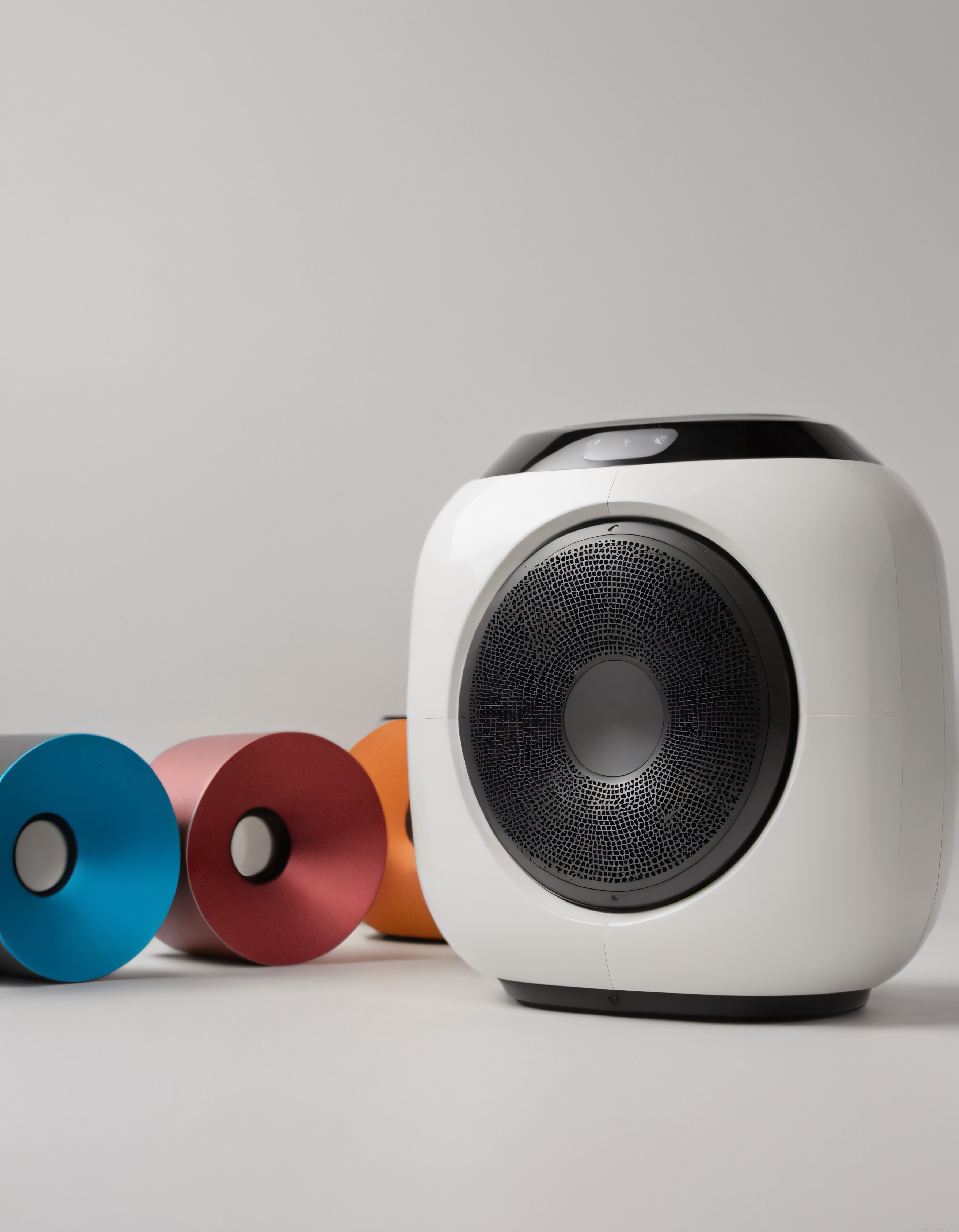 Modern bluetooth hoparlör ve renkli dekoratif ses sistemleri beyaz arka planda