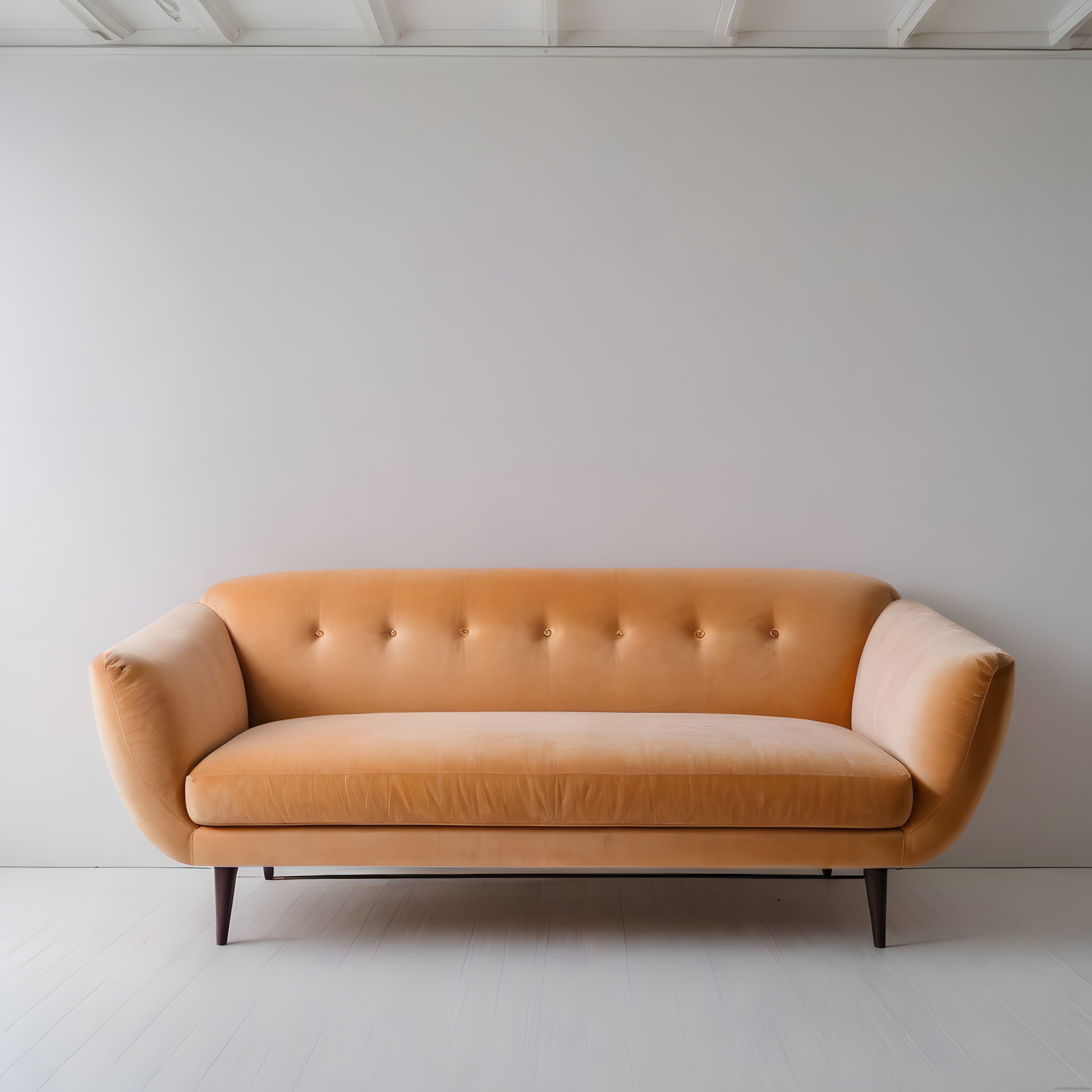 Modern Boş Salon Dekorasyonunda Turuncu Kadife Kanepe ve Minimalist Atmosfer