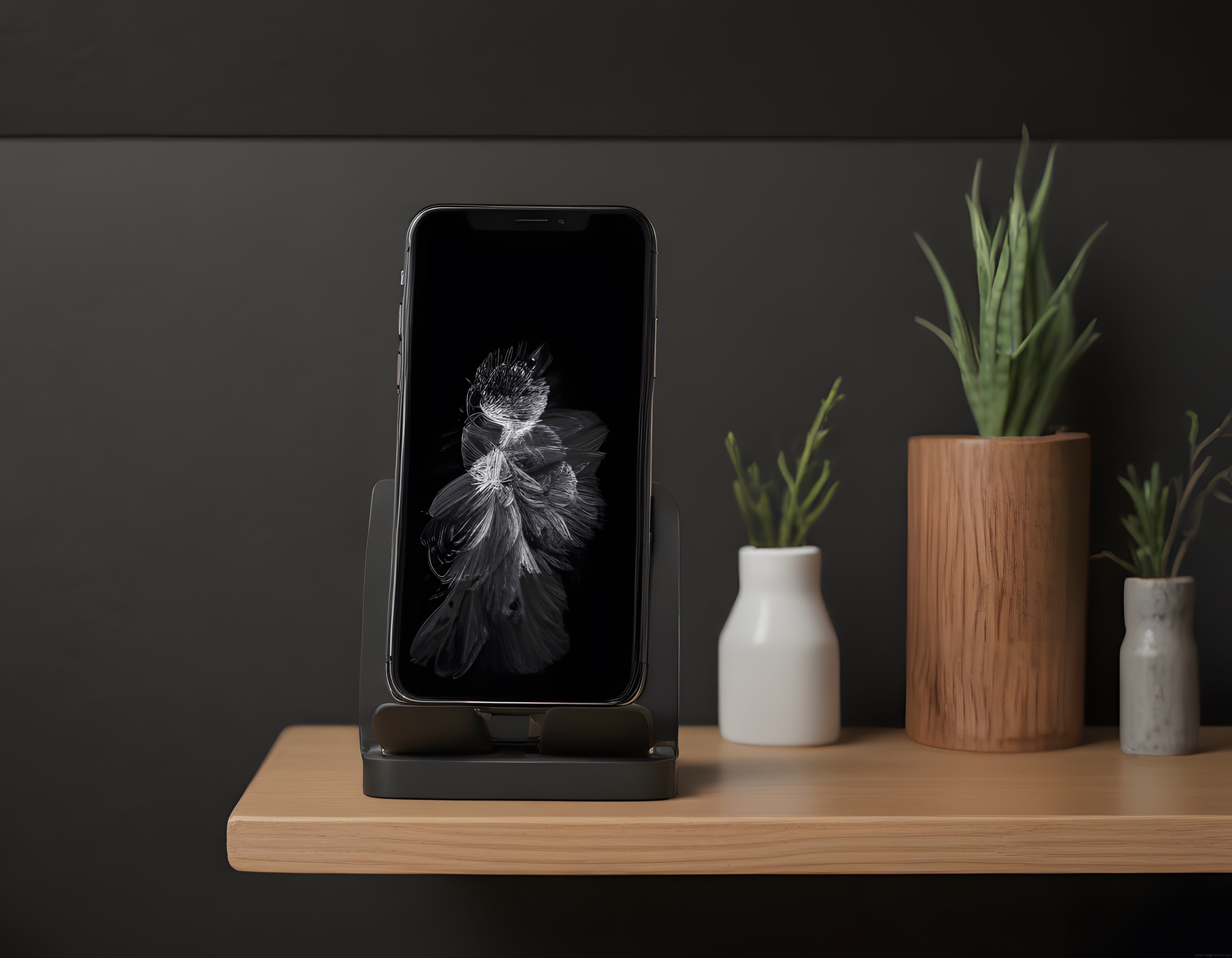 Modern Çalışma Alanında Şarj Standındaki Telefon ve Saksı Bitki Dekorasyonu