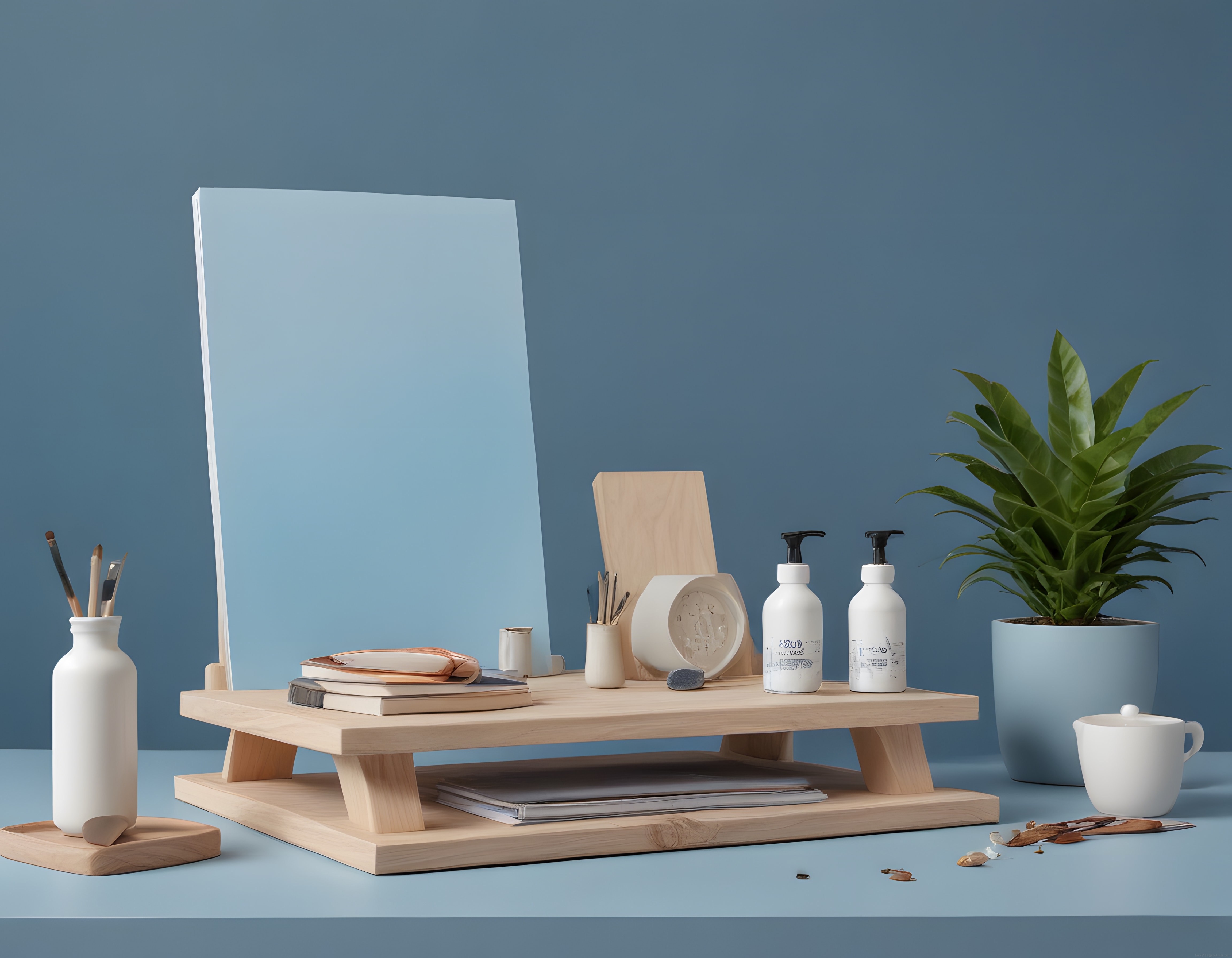 Modern Çalışma Masası Dekorasyonu ve Mavi Fonlu Minimalist Ürün Düzeni