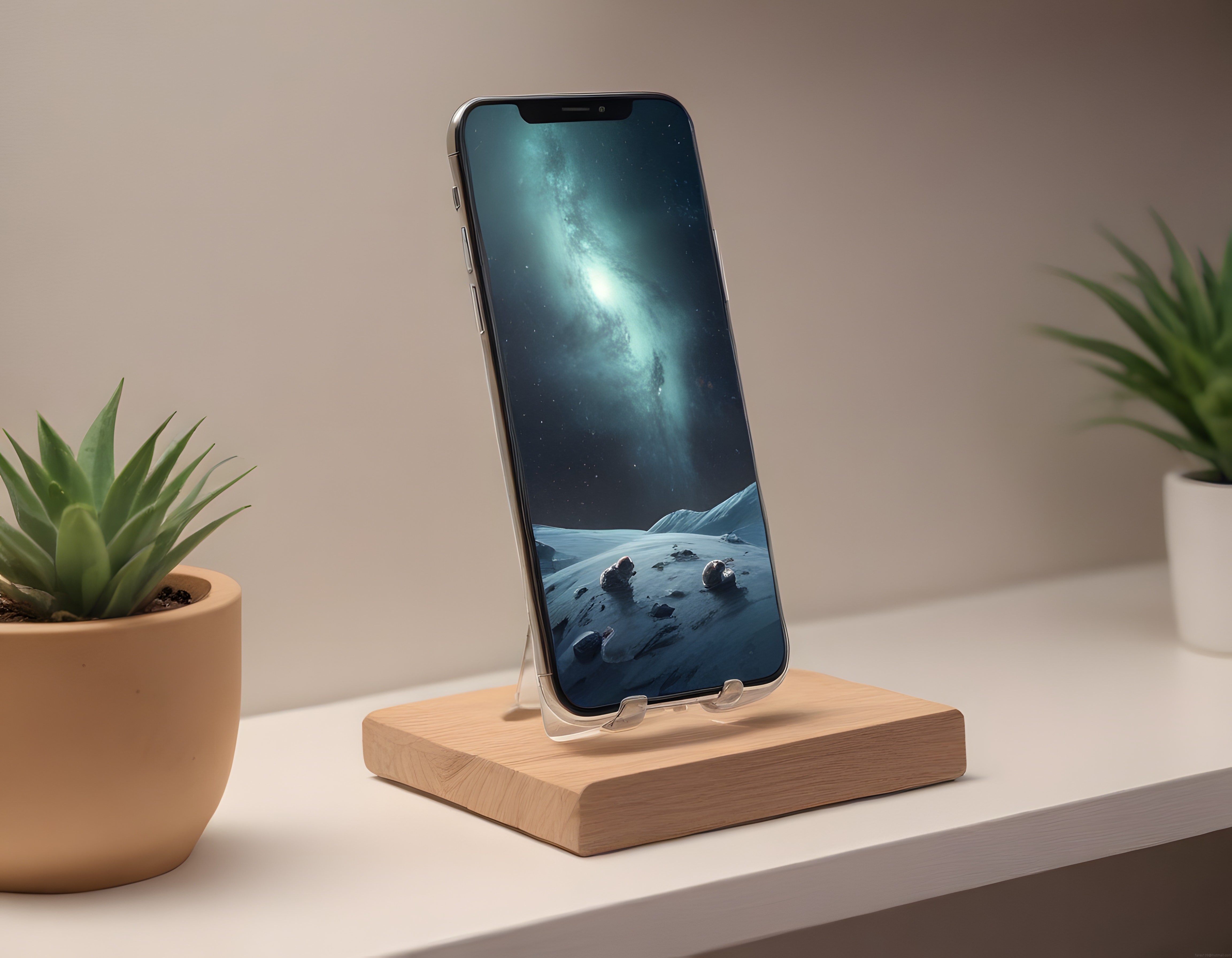 Modern çalışma masasında ahşap standlı akıllı telefon ve uzay temalı ekran