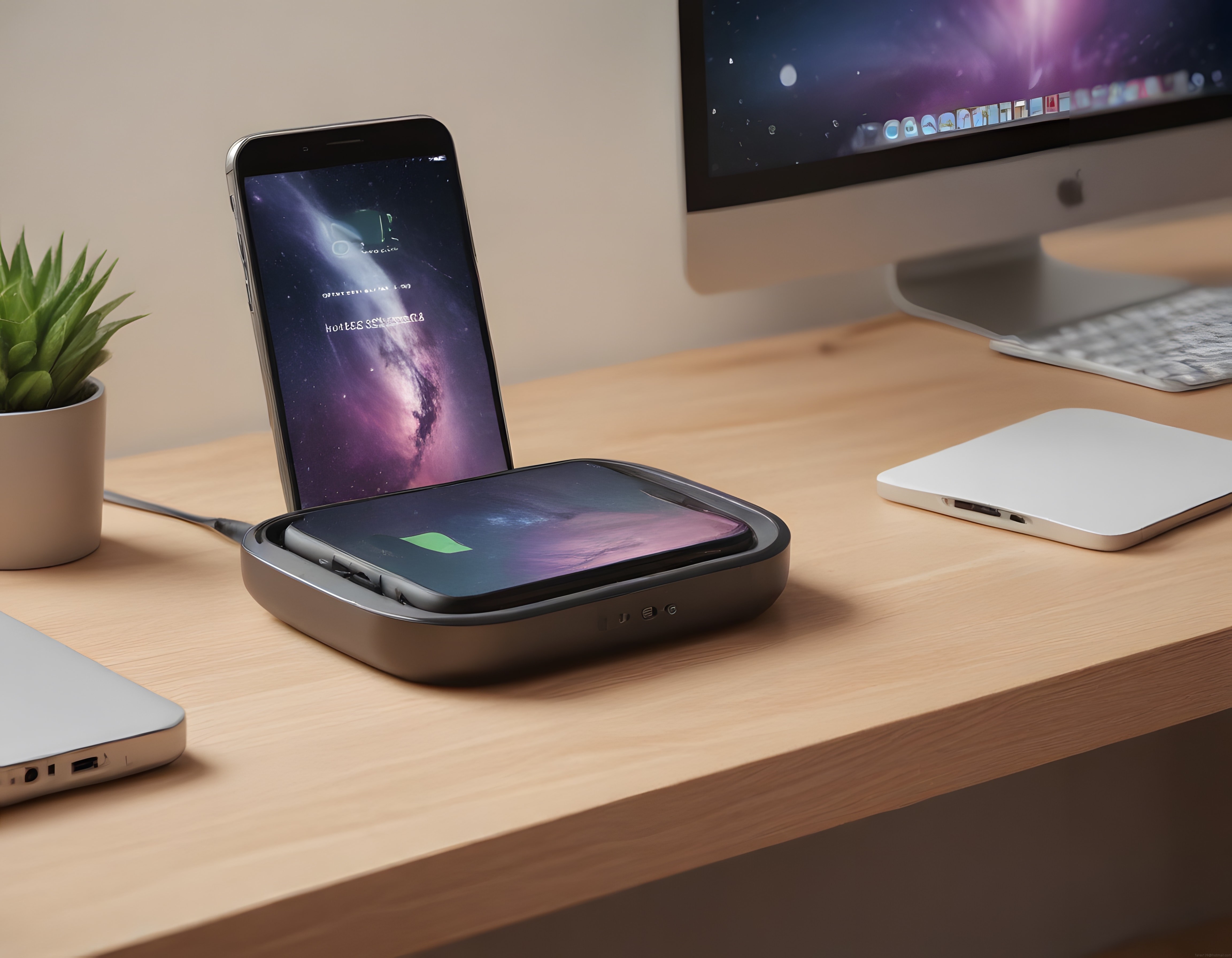 Modern Çalışma Masasında Akıllı Telefon Dock İstasyonu ve Bilgisayar Düzeni