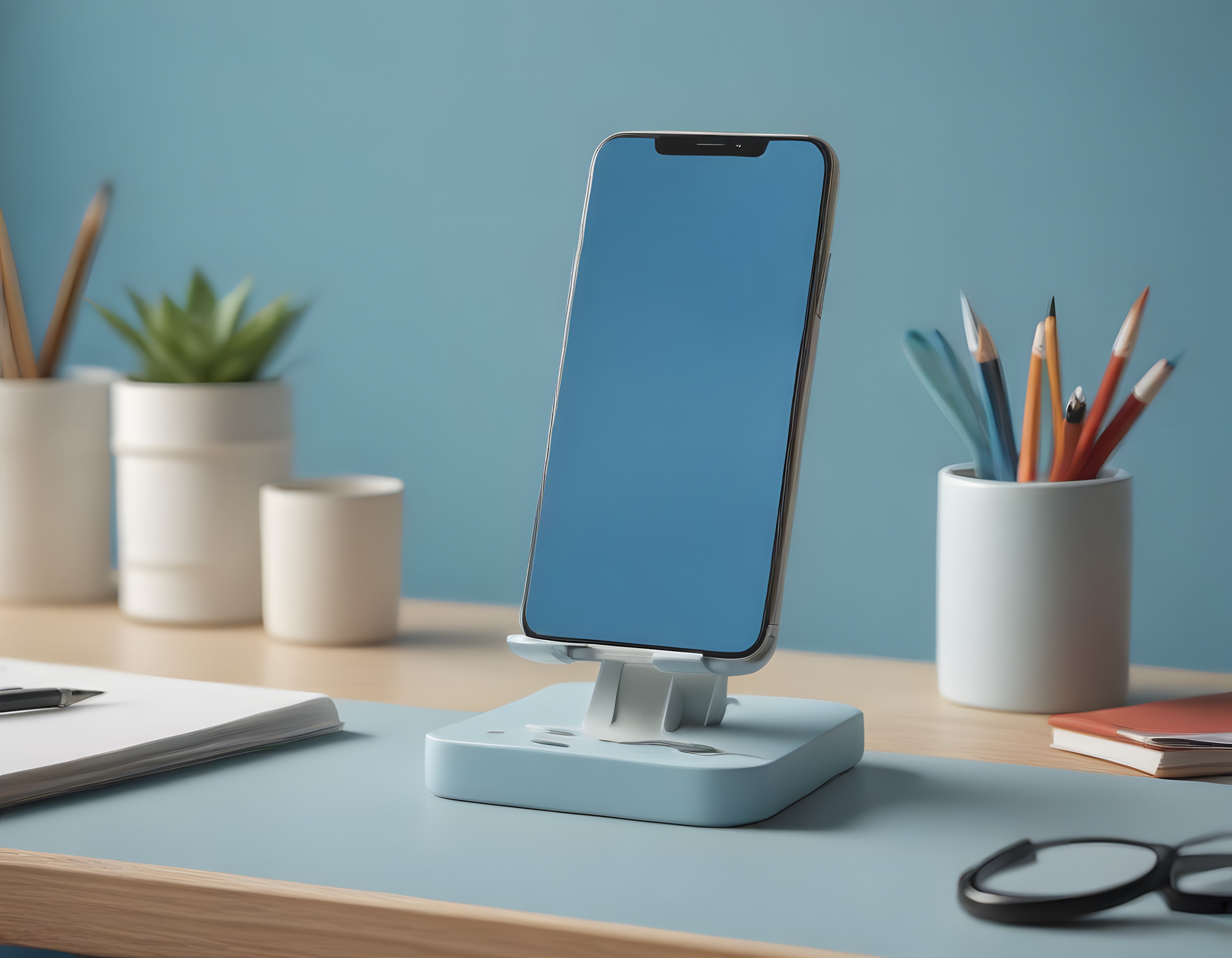 Modern Çalışma Masasında Beyaz Stand Üzerinde Boş Ekran Telefon Mockup