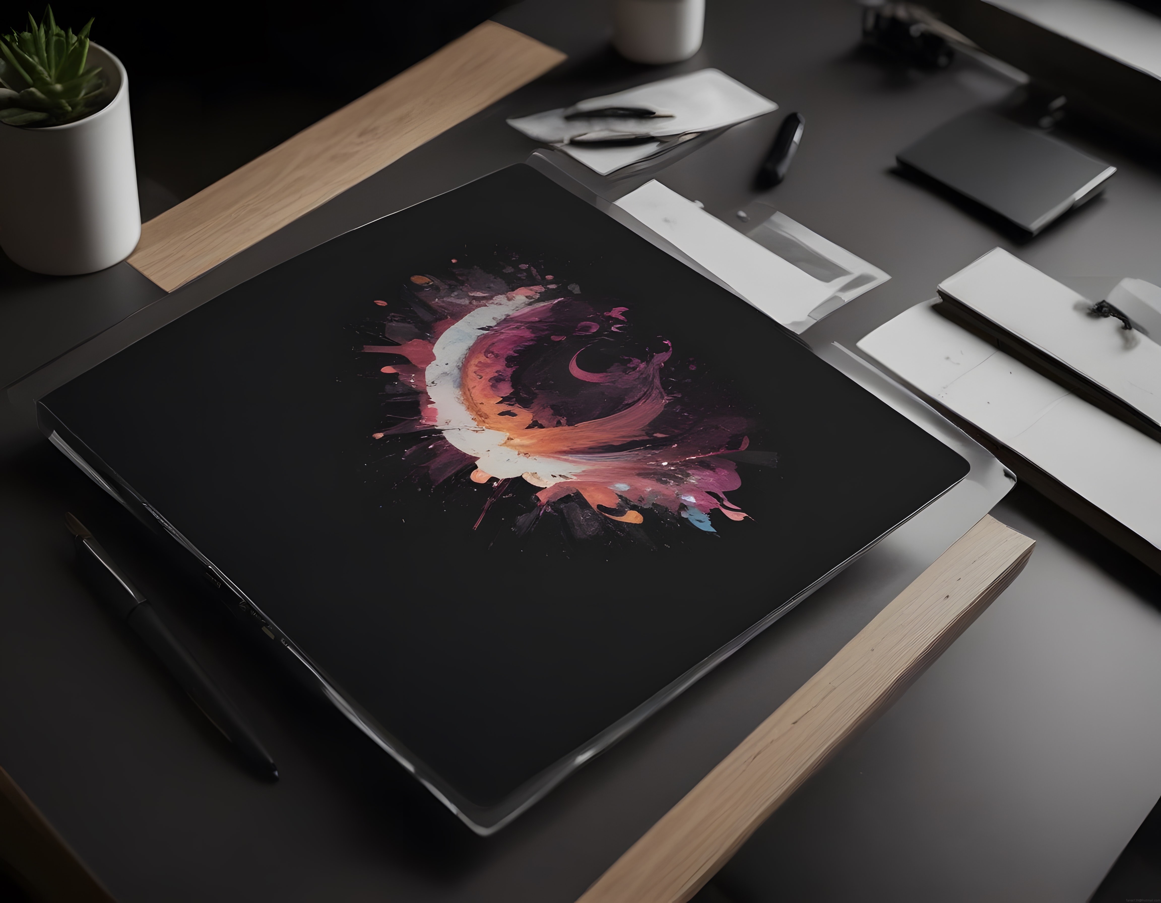 Modern çalışma masasında soyut dijital sanat ve karanlık ofis atmosferi