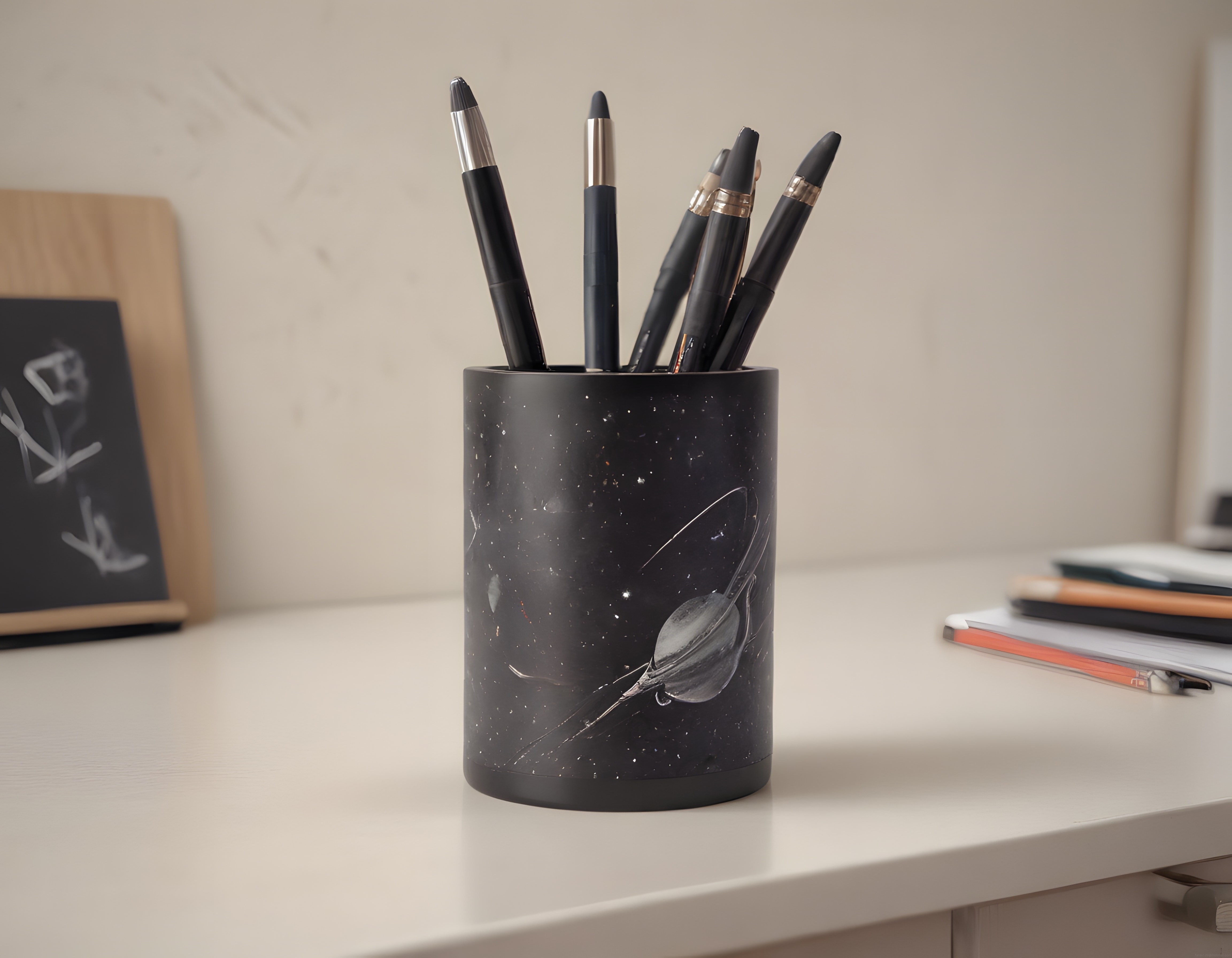 Modern Çalışma Masasında Uzay Temalı Saturn Desenli Siyah Kalemlik
