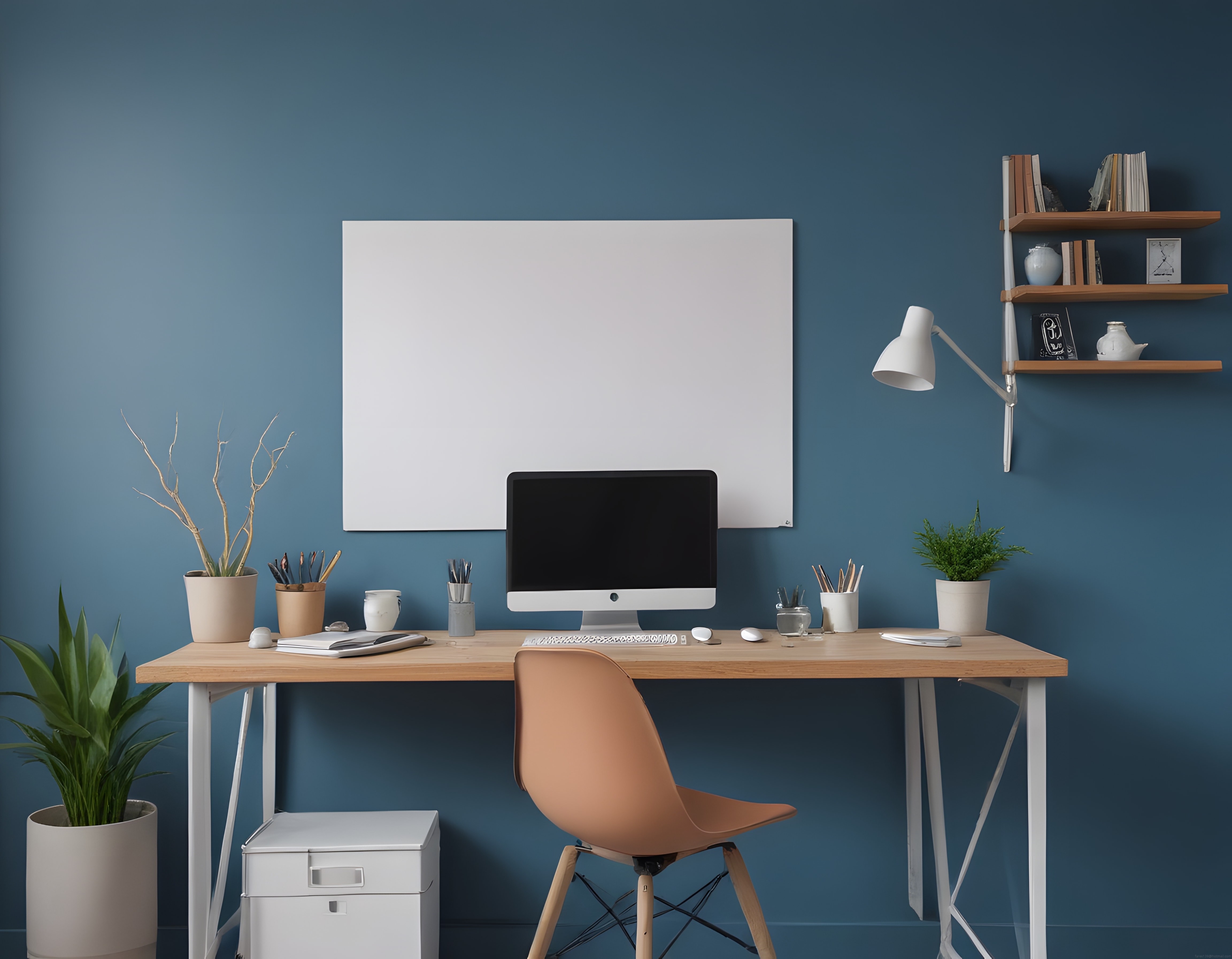 Modern Çalışma Odası: Mavi Duvar ve Ahşap Masa ile Minimal Dekorasyon
