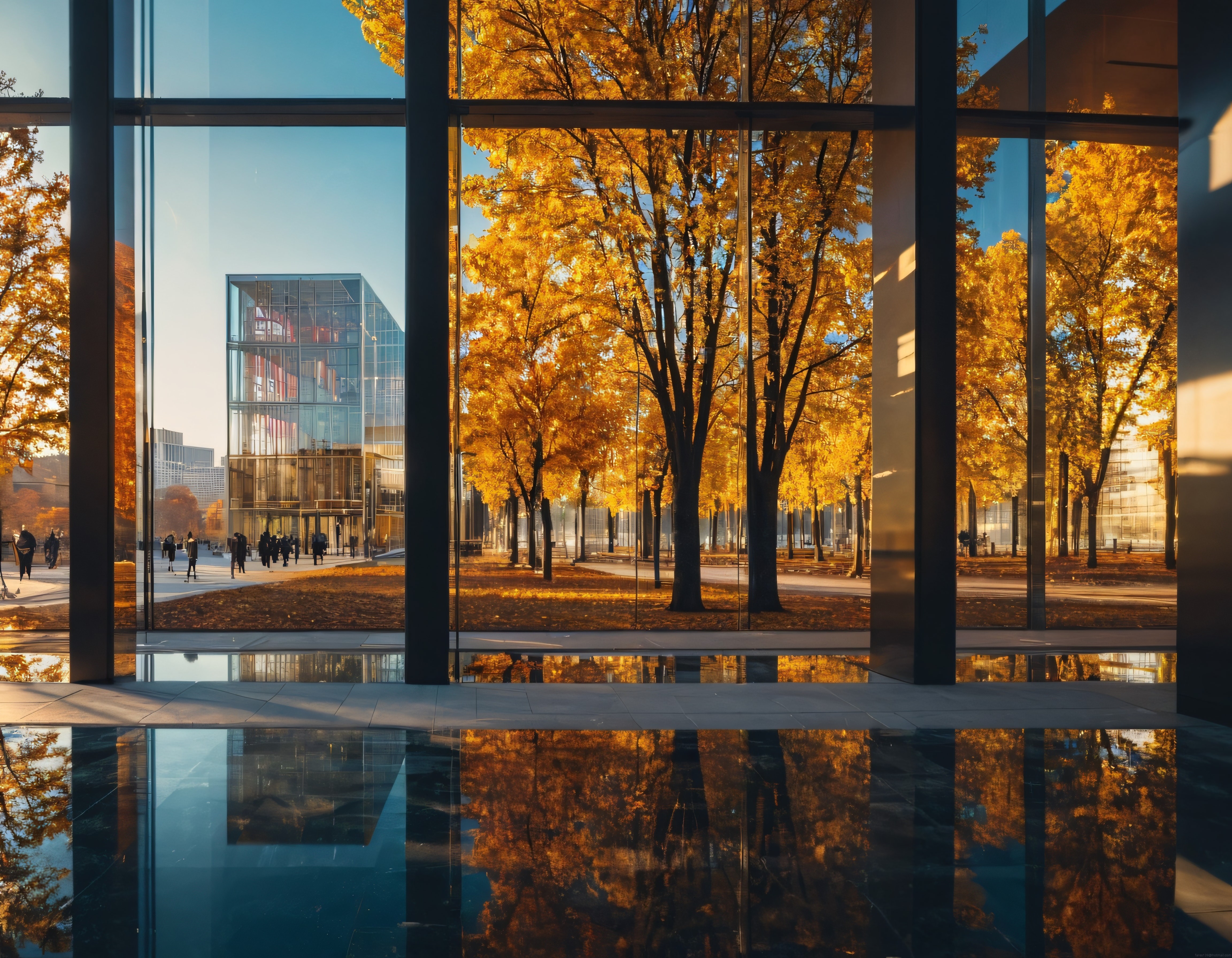 Modern Cam Bina İçinden Sonbaharın Altın Sarısı Park Manzarası