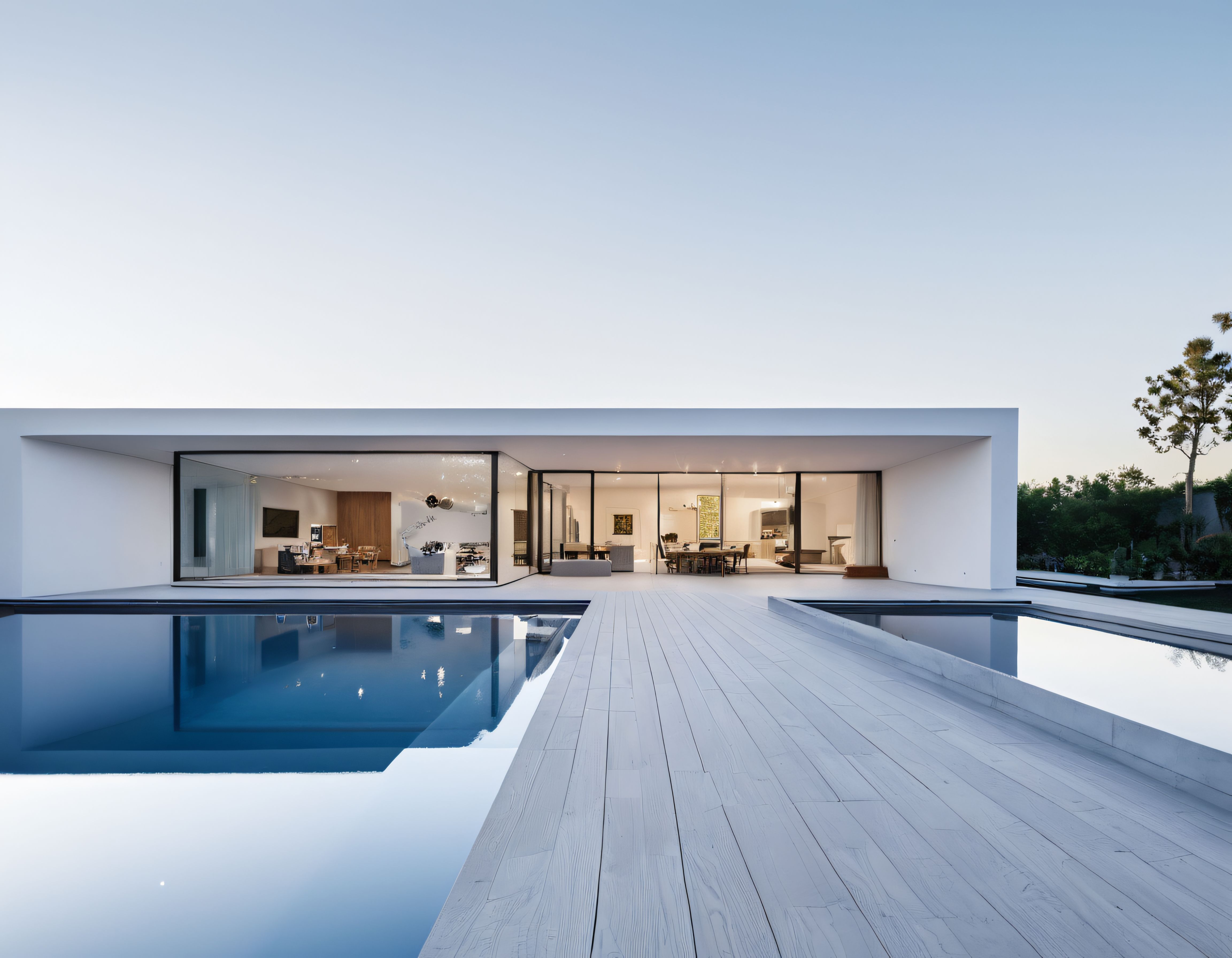 Modern Cam Cepheli Minimalist Villa ve Sonsuzluk Havuzunda Akşam Işığı