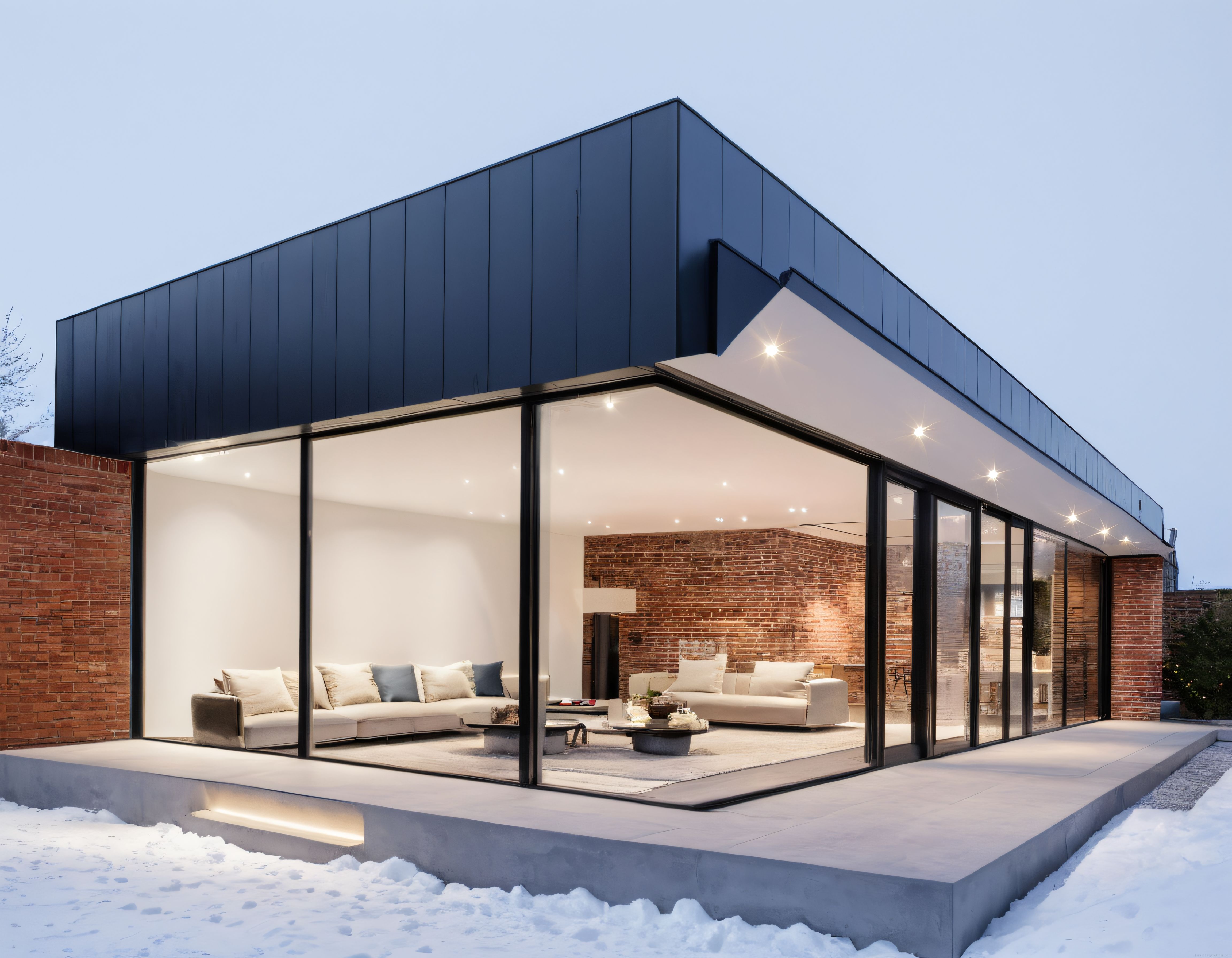 Modern Cam Cepheli Villa ve Karlı Bahçede Sıcak İç Mekan Atmosferi