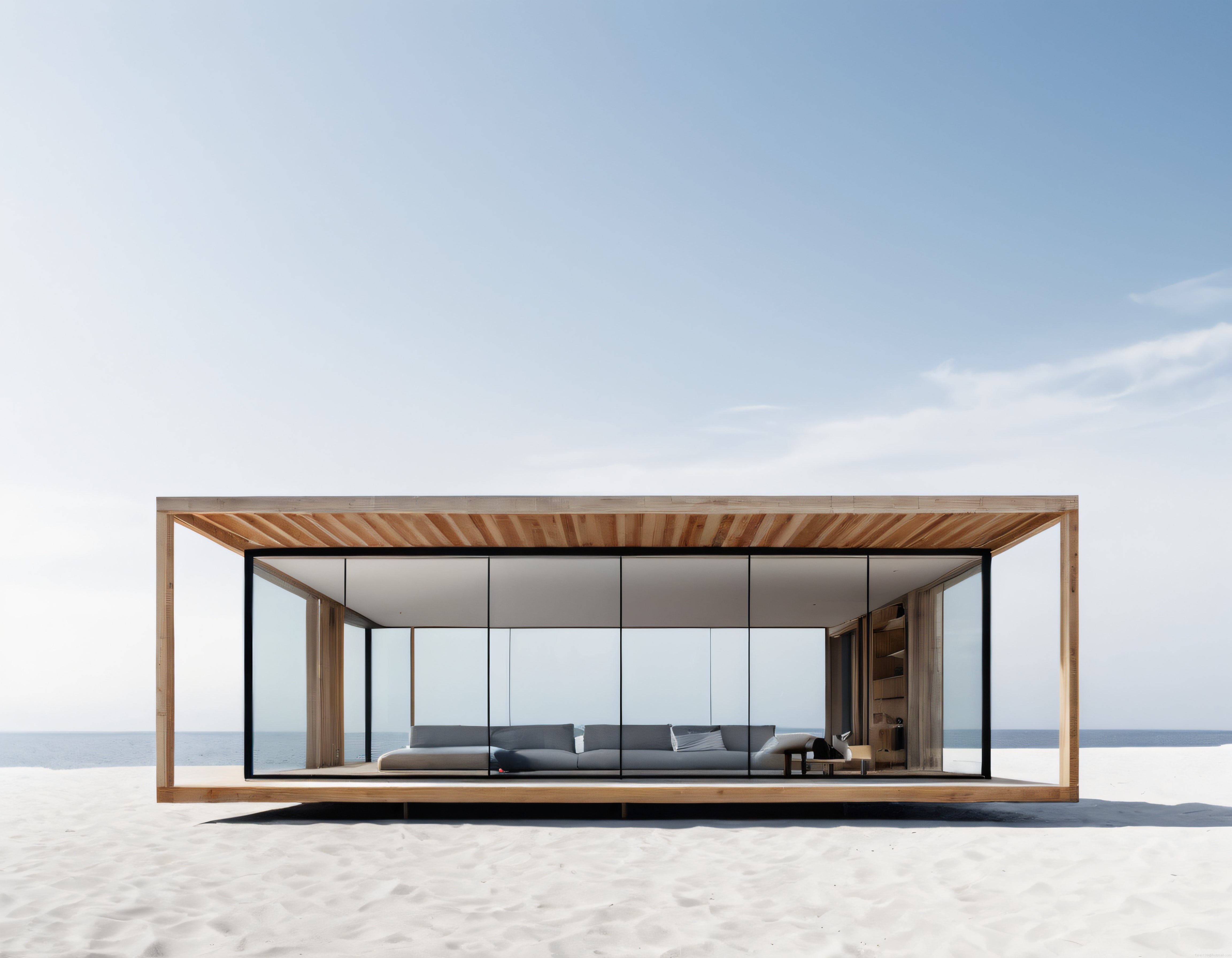 Modern Cam ve Ahşap Detaylı Plaj Evinin Minimalist Mimari Tasarımı