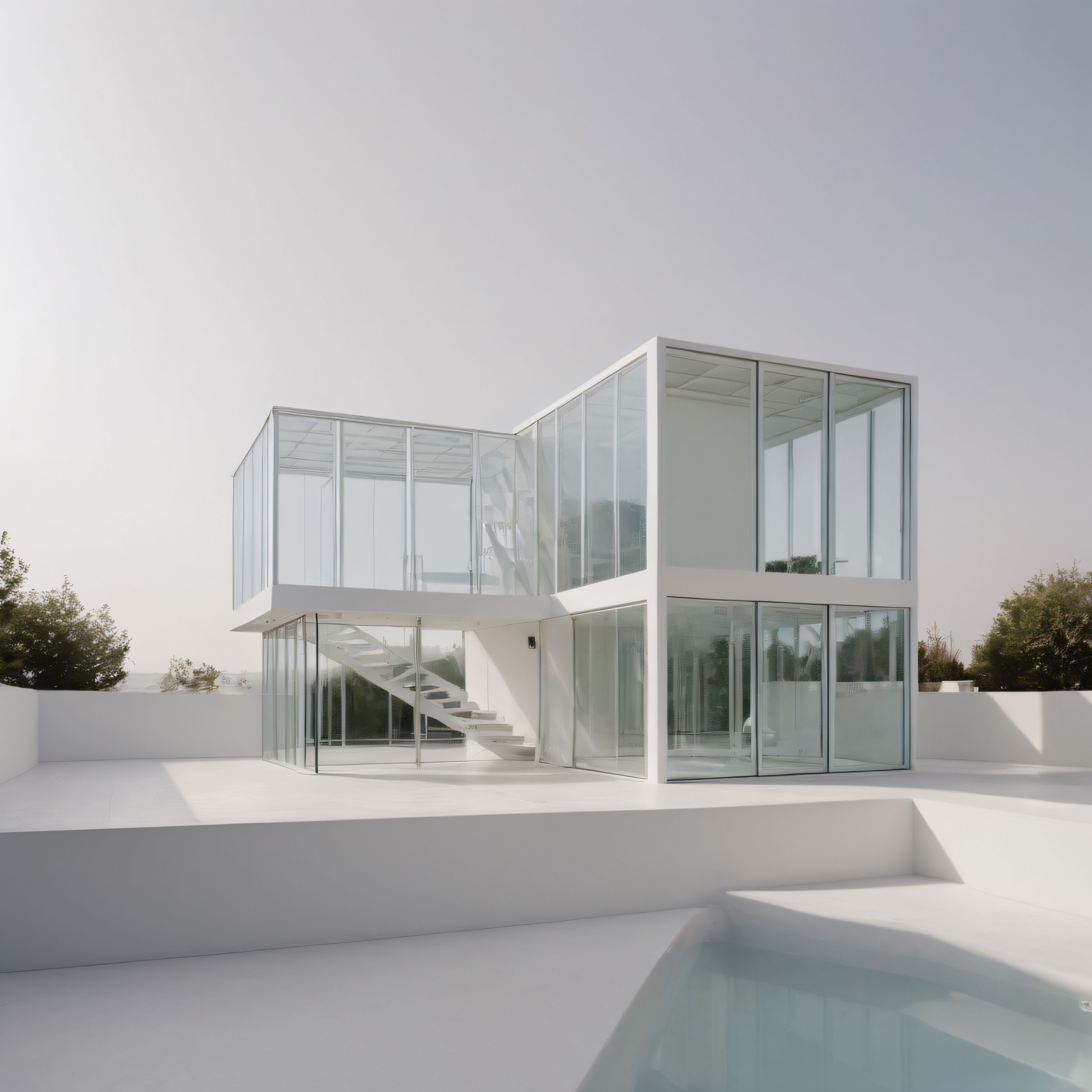 Modern Cam ve Beyaz Betonun Dansı: Minimalist Havuzlu Villa Tasarımı