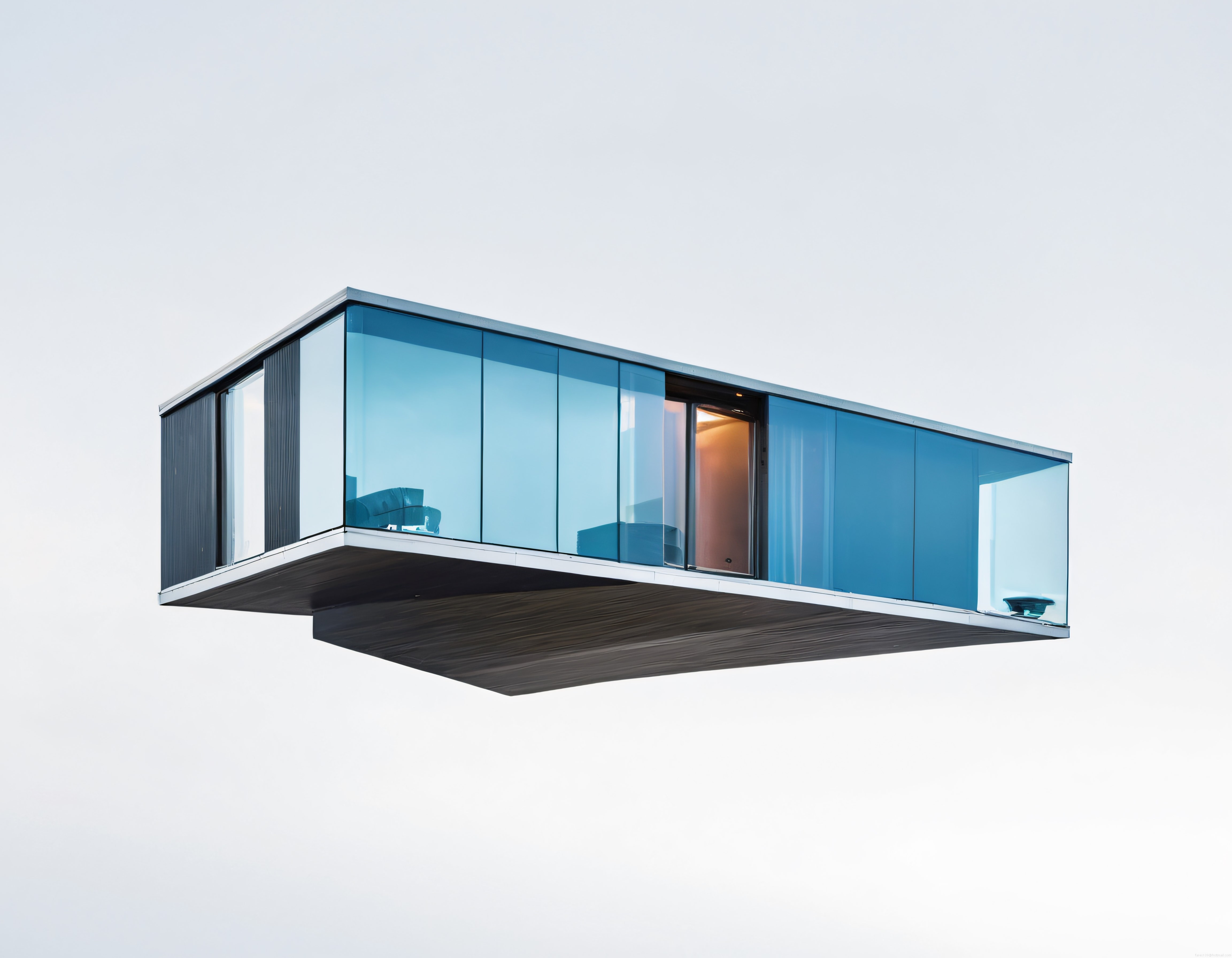 Modern Cam ve Çelikten Oluşan Minimalist Havada Asılı Konteyner Ev Tasarımı