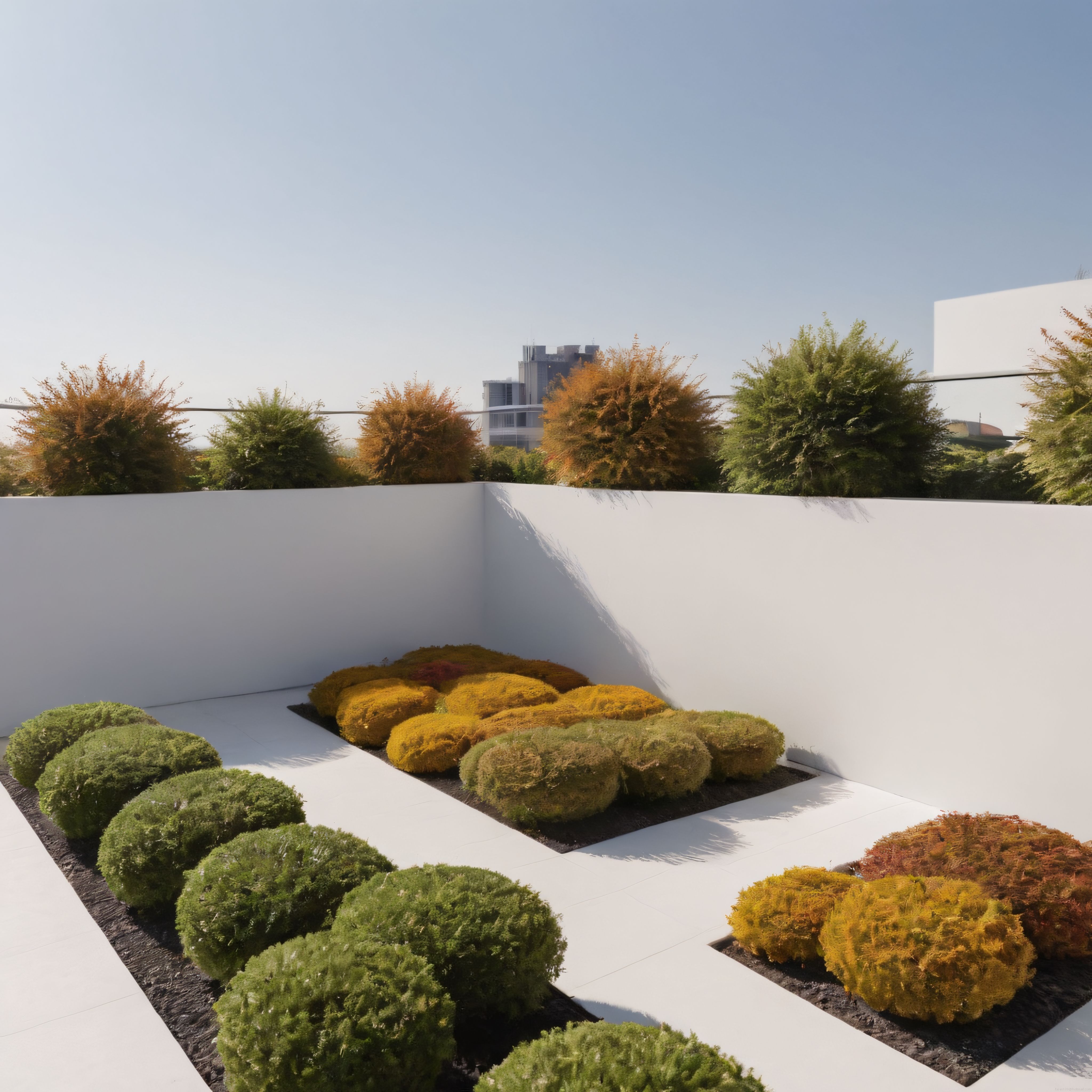 Modern Çatı Bahçesi: Minimalist Beyaz Mekanda Renkli Topiary Düzenlemesi