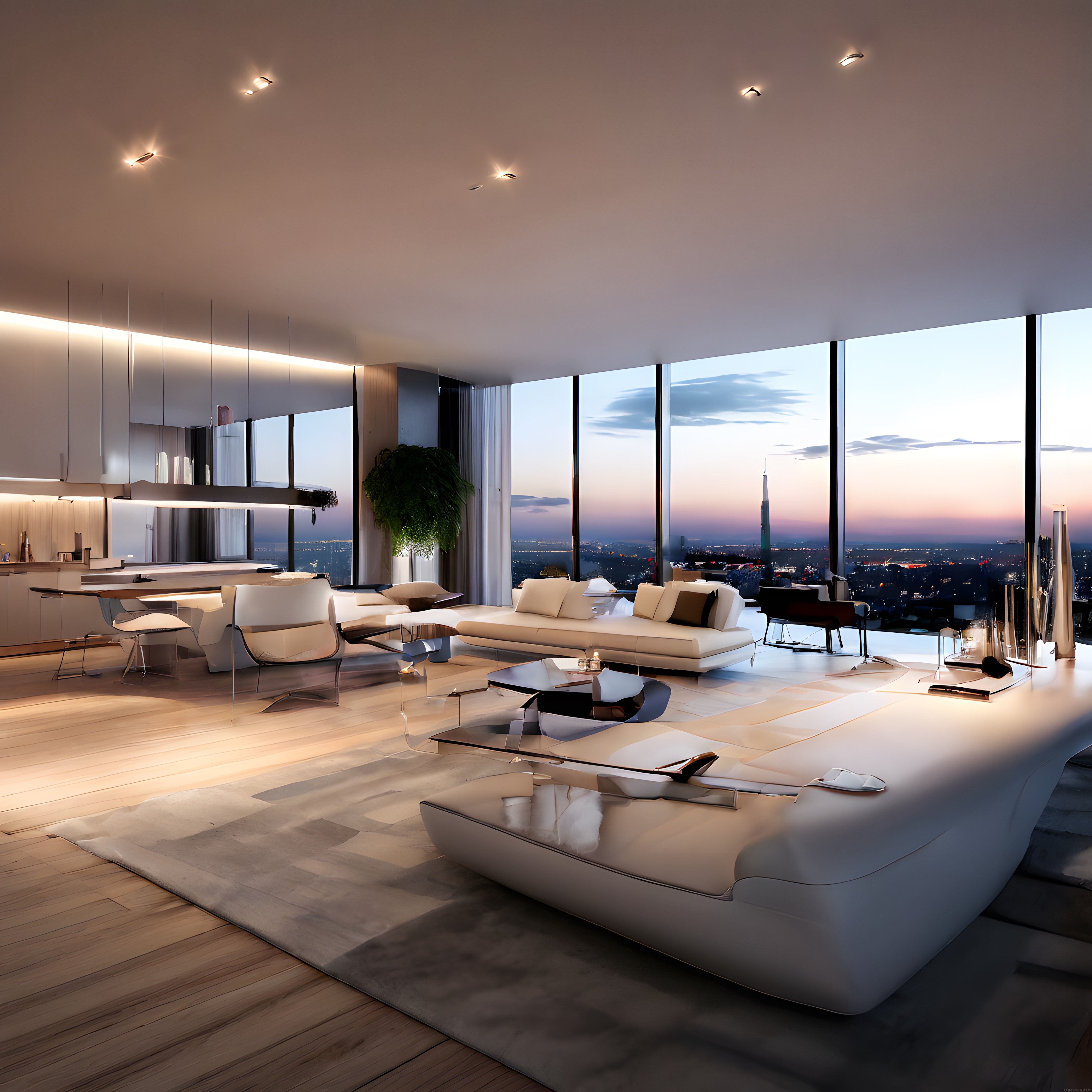 Modern Çatı Katı Salonu: Lüks Mobilyalar ve Panoramik Şehir Manzarası