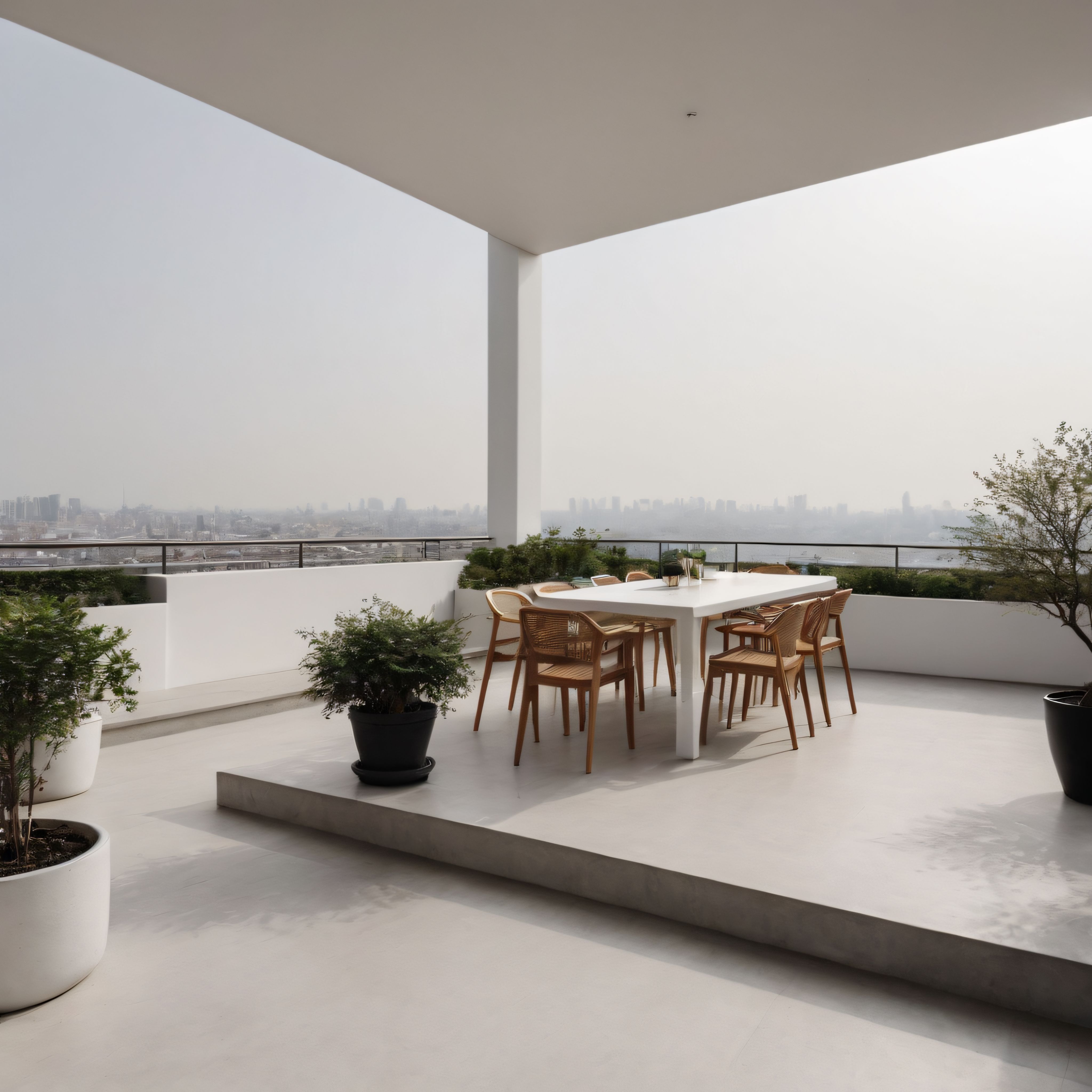 Modern çatı katı terası, minimalist beyaz mimari ve sisli şehir manzarası