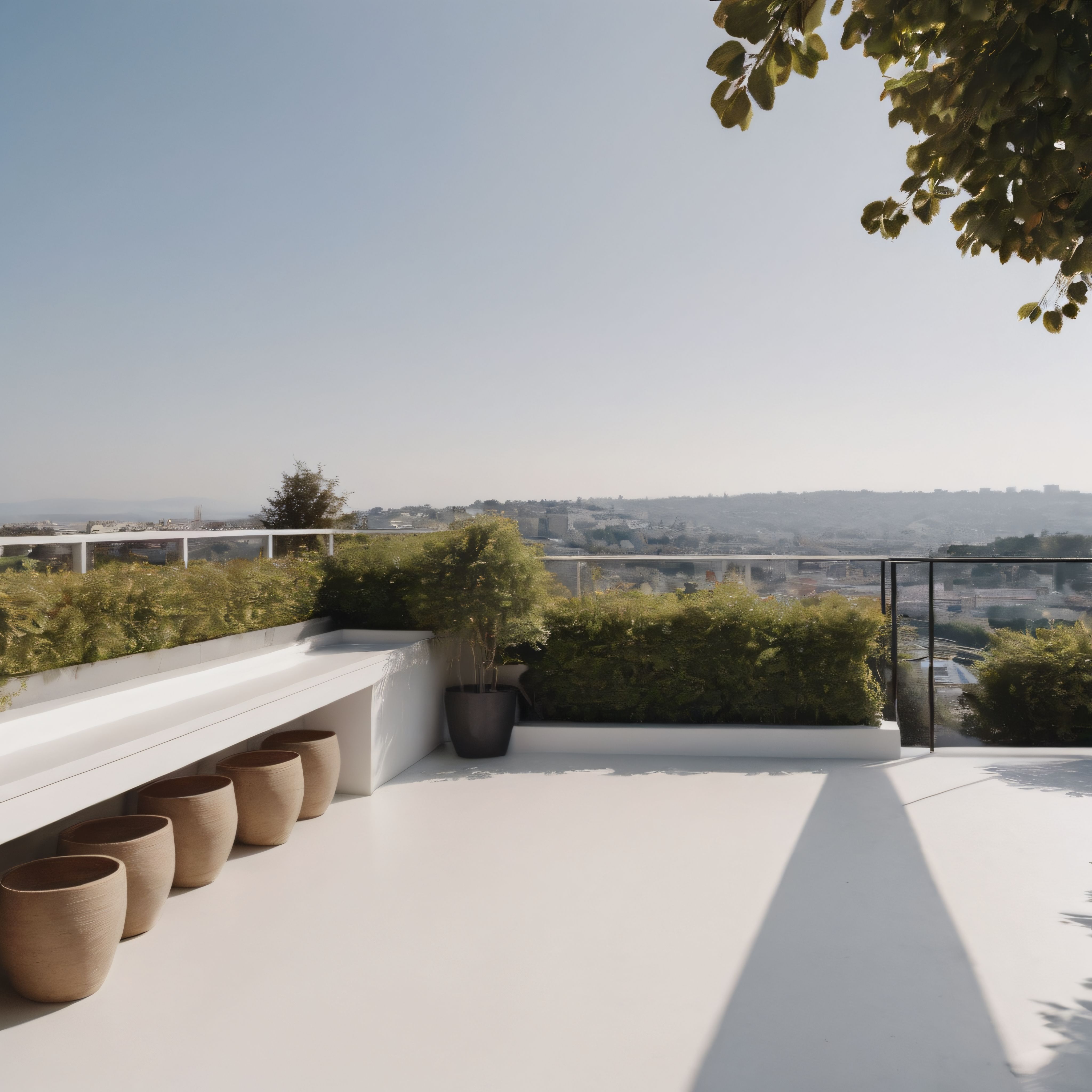 Modern Çatı Terasında Şehir Manzaralı Minimalist ve Huzurlu Bir Köşe