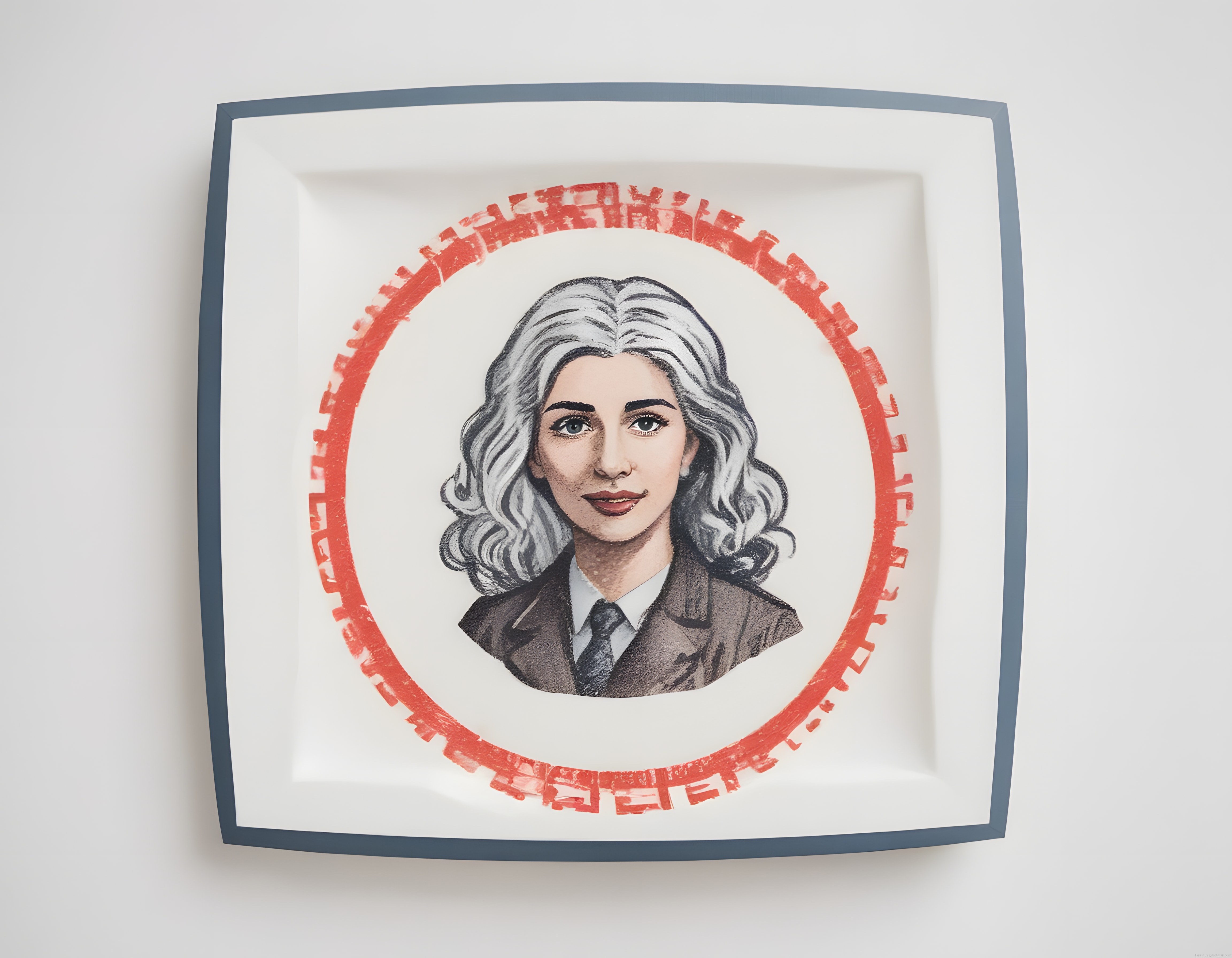 Modern Çerçevede Gümüş Saçlı Kadın Portresi ve Kırmızı Oval Sanat Baskısı