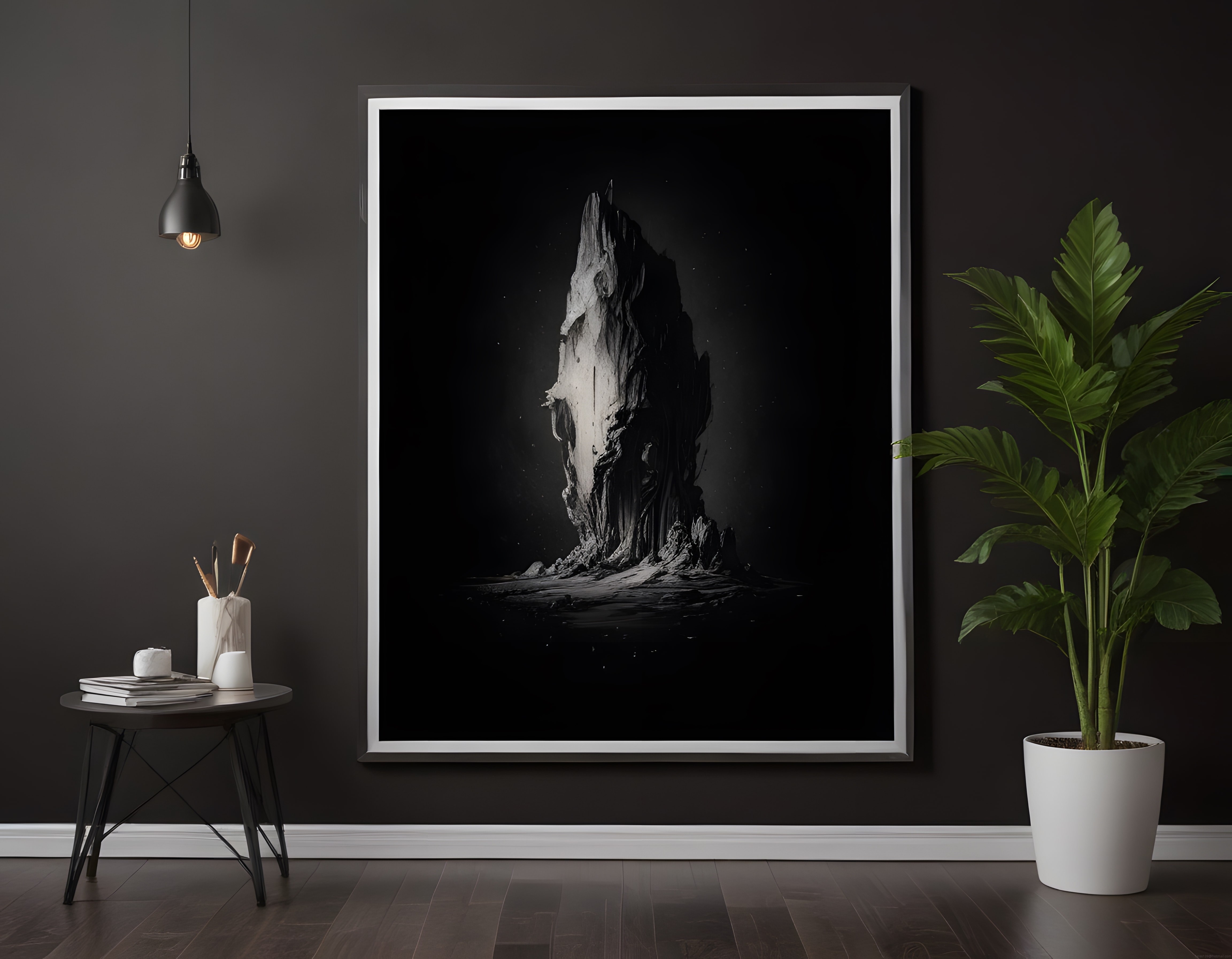 Modern Dekorasyonda Dramatik Dağ Manzaralı Poster ve Minimalist Detaylar