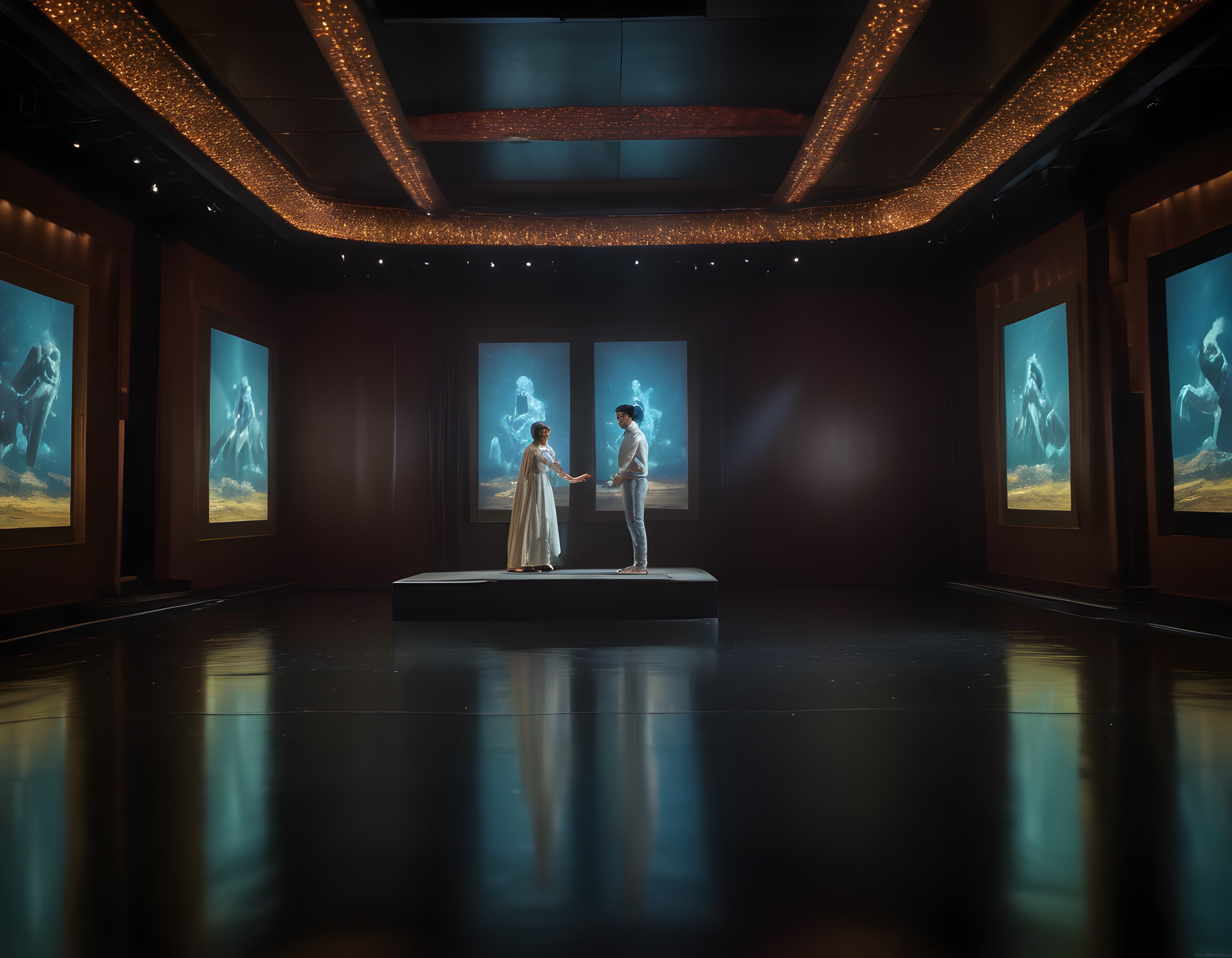 Modern Dijital Sanat Galerisinde Işık Oyunları ve Ekrandaki At Figürleri