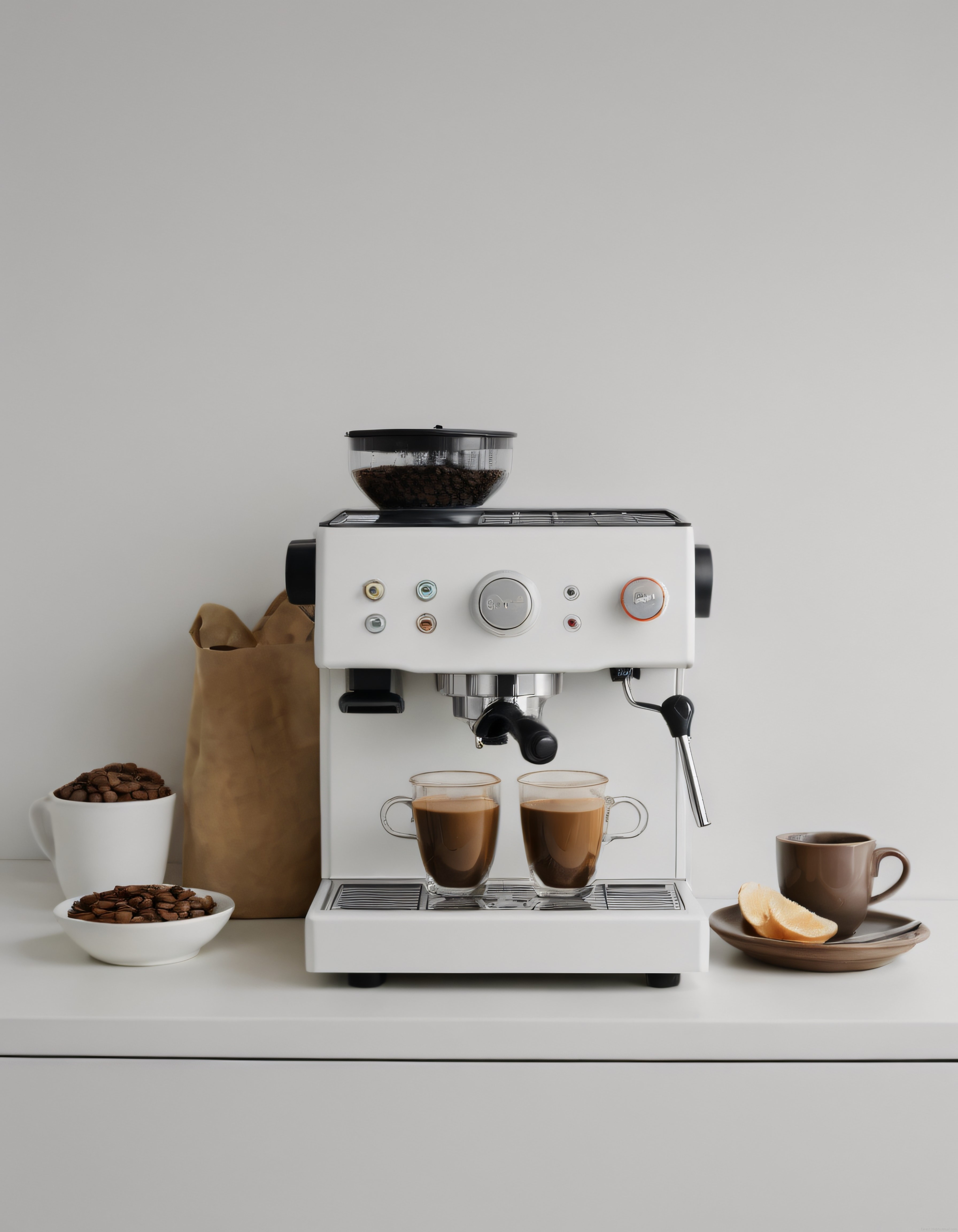 Modern Espresso Makinesiyle Hazırlanan Taze Kahve ve Kahvaltı Sunumu